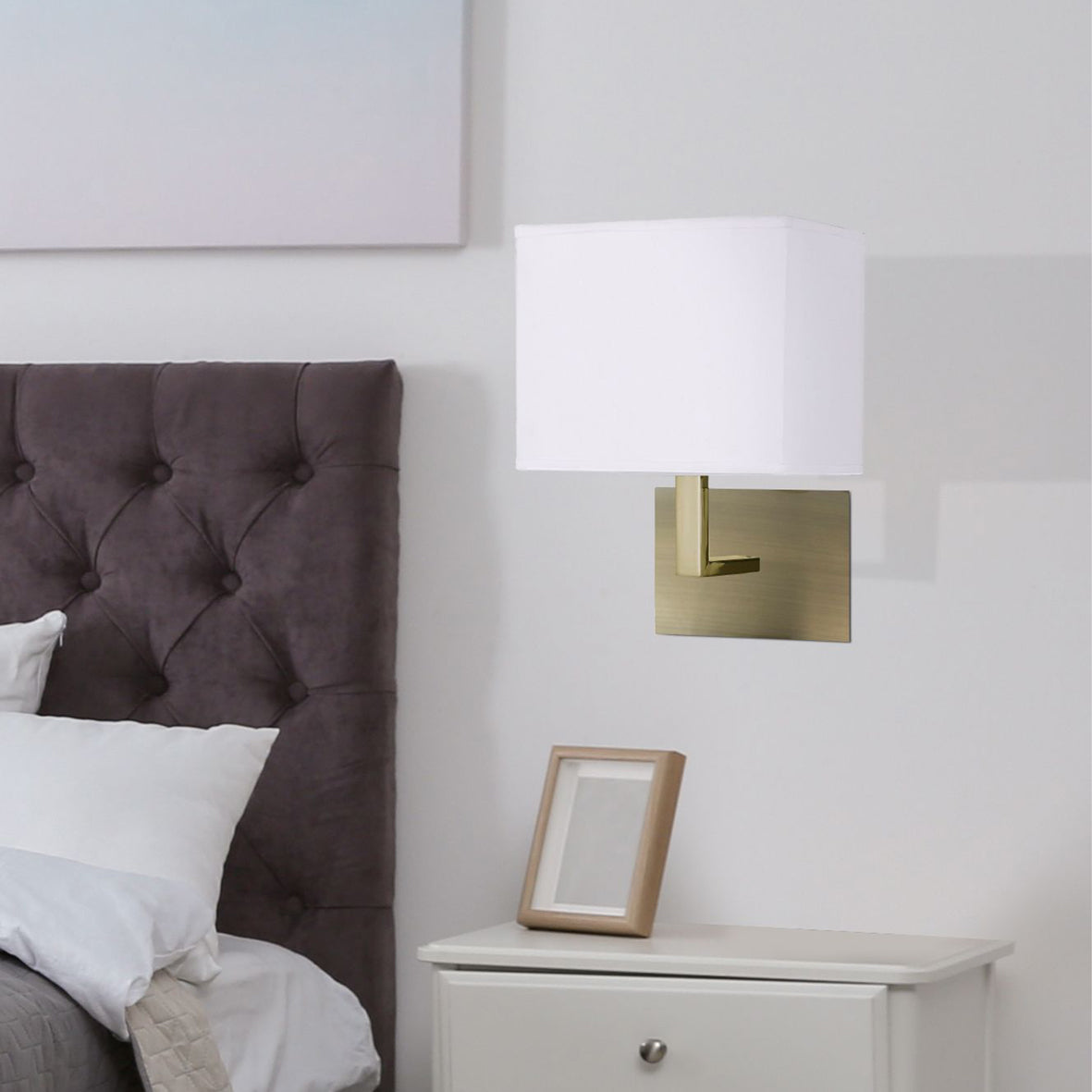 Searchlight Angela Antique Brass Wall Light - White Rectangular Fabric Shade, Black Switch