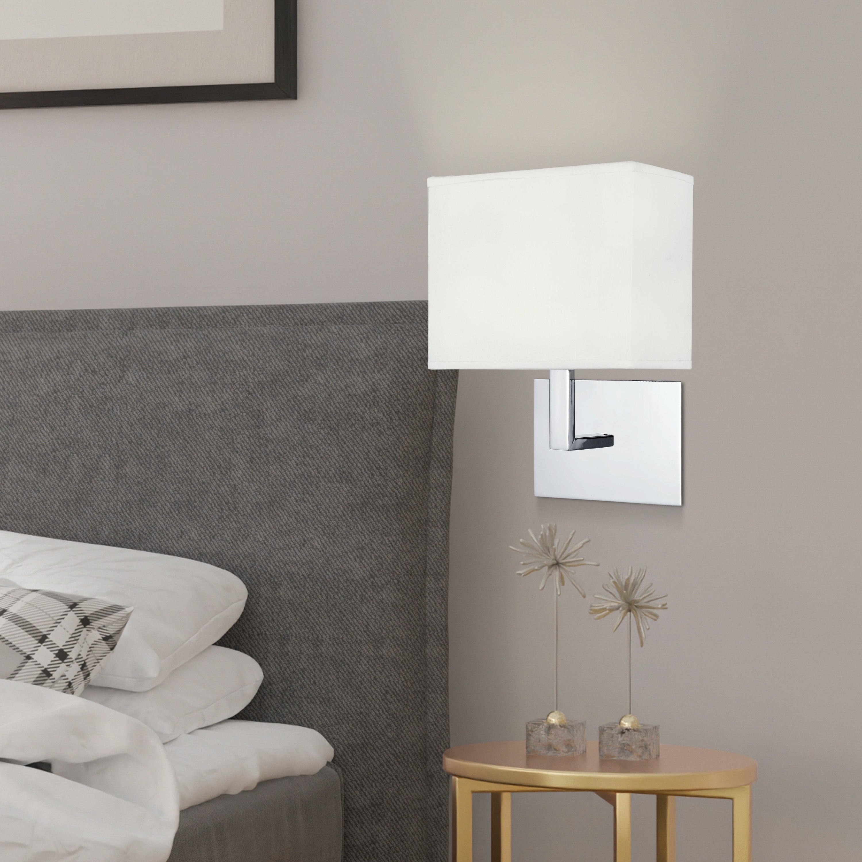 Searchlight Chrome Wall Light With White Rectangular Fabric Shade, Black Switch