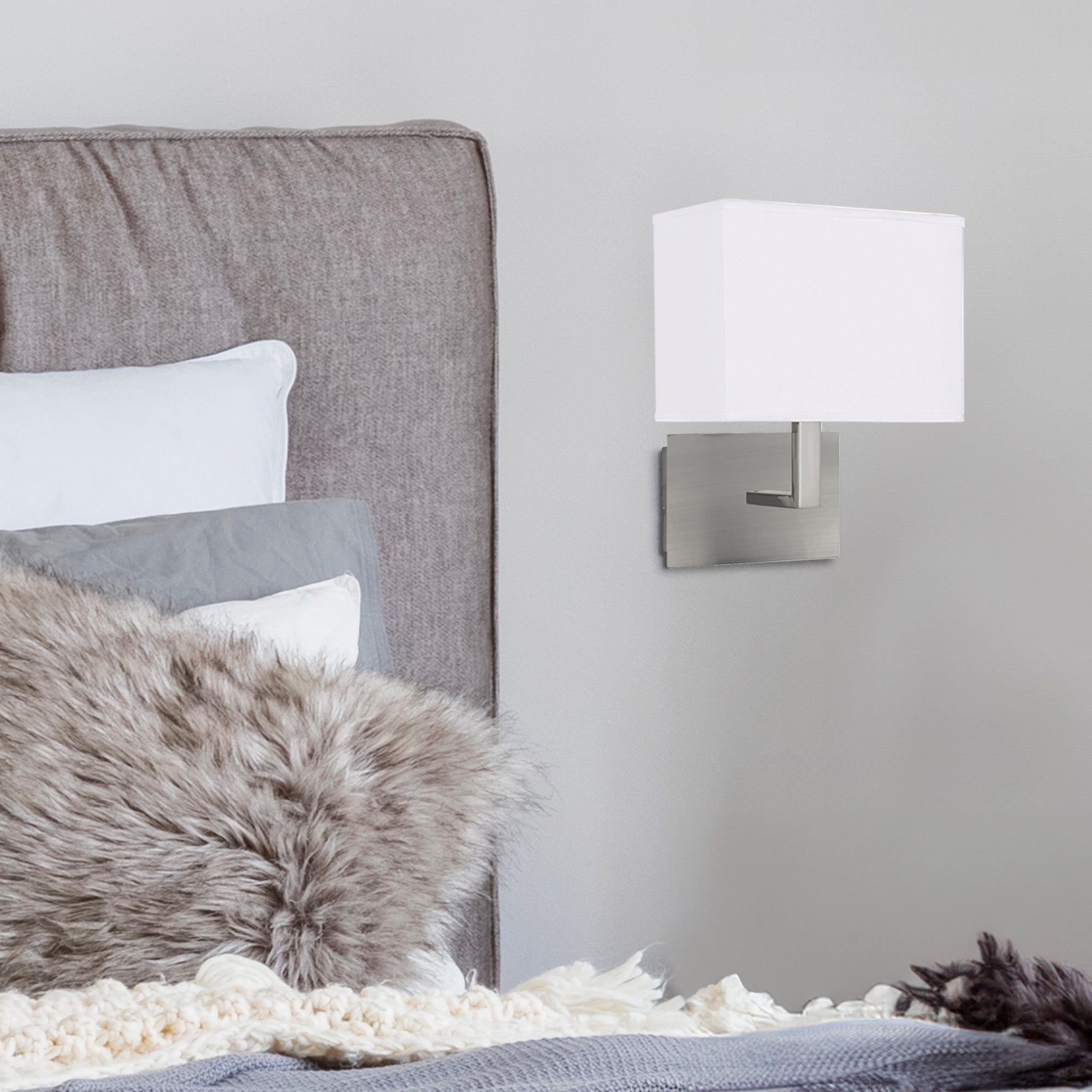 Searchlight Satin Silver Wall Light With White Rectangular Fabric Shade, Black Switch