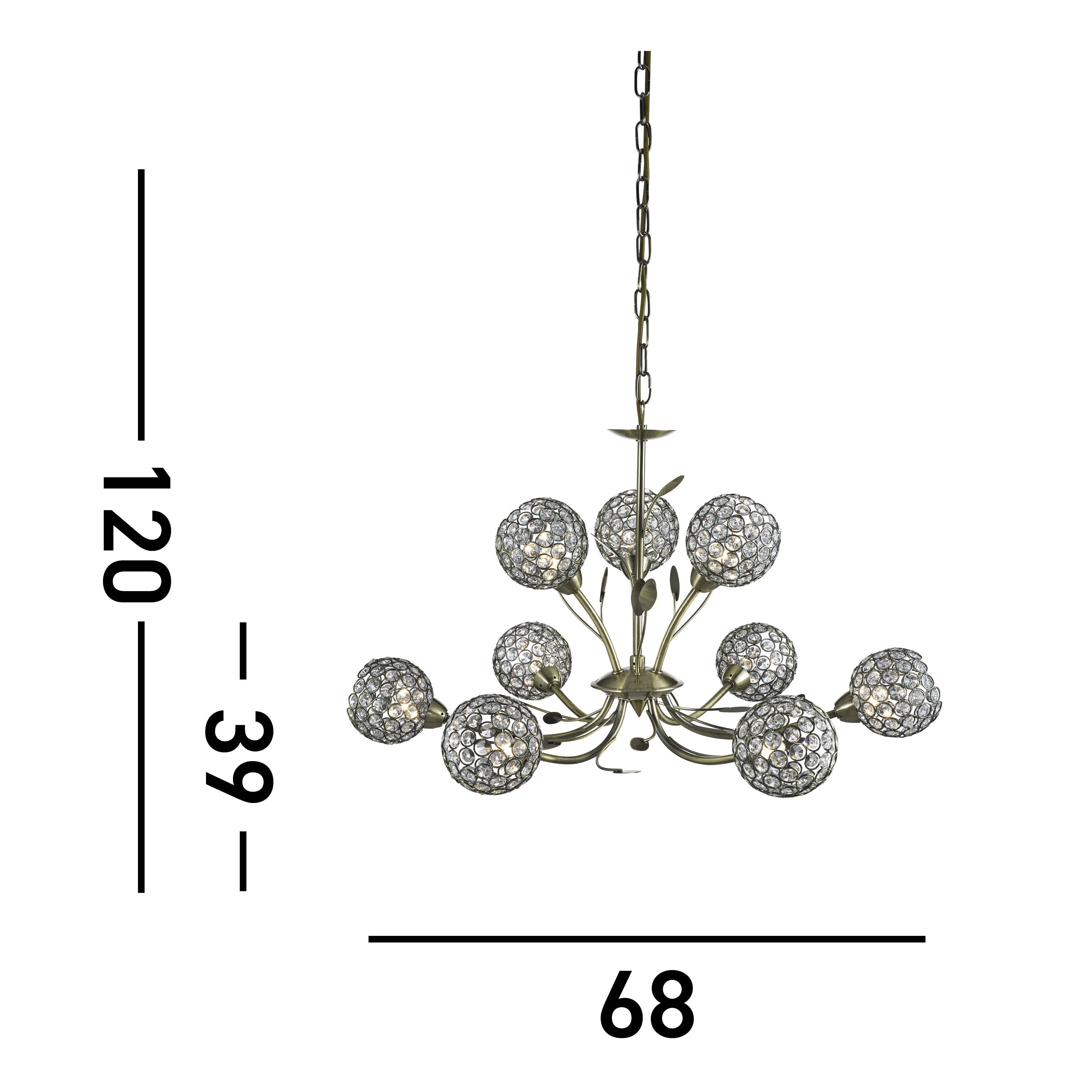 Searchlight Bay II 9 Light Pendant - Antique Brass & Clear Crystal Beads