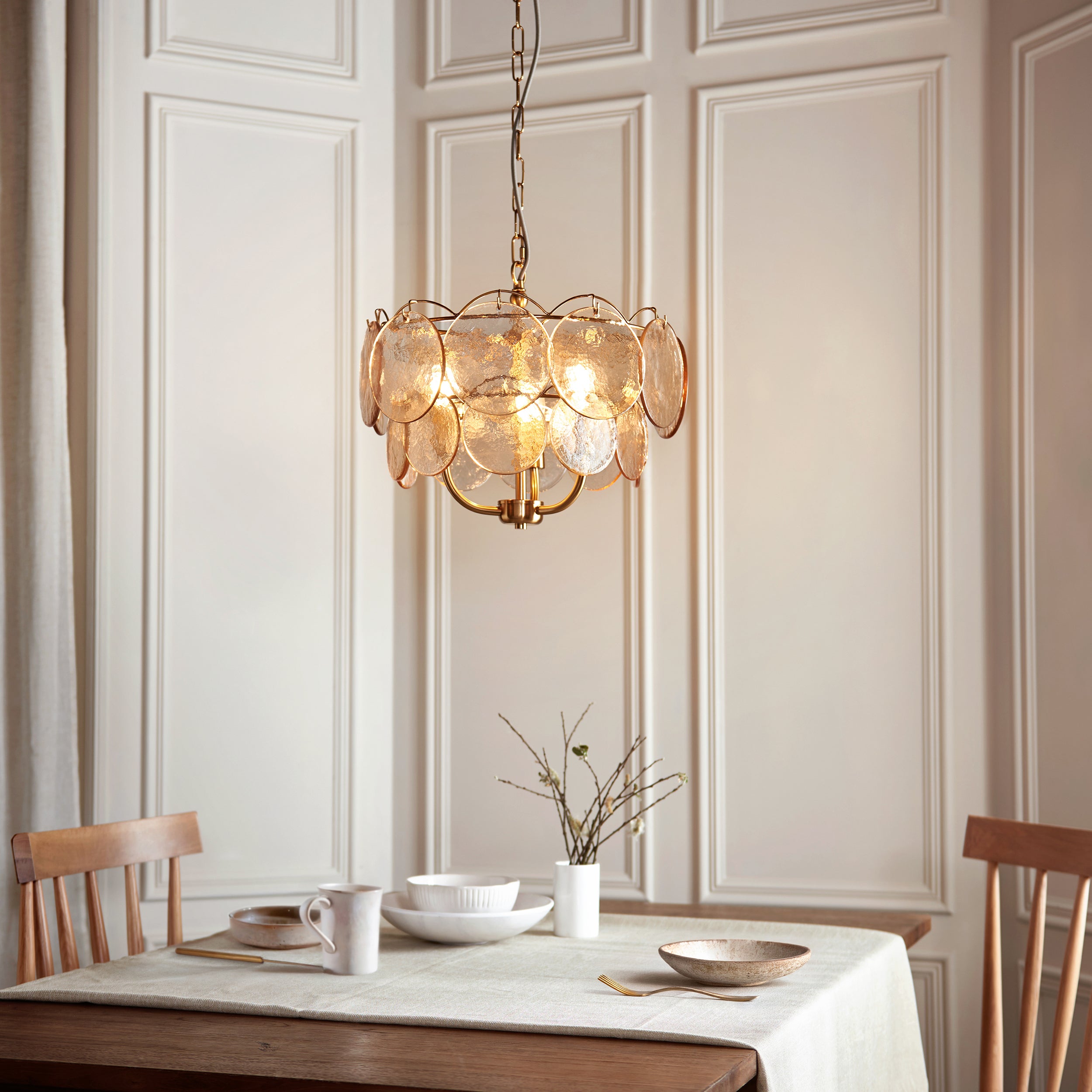 Utopia Aura 3 Light Ceiling Bendant - Brushed Aged Brass & Champagne Glass