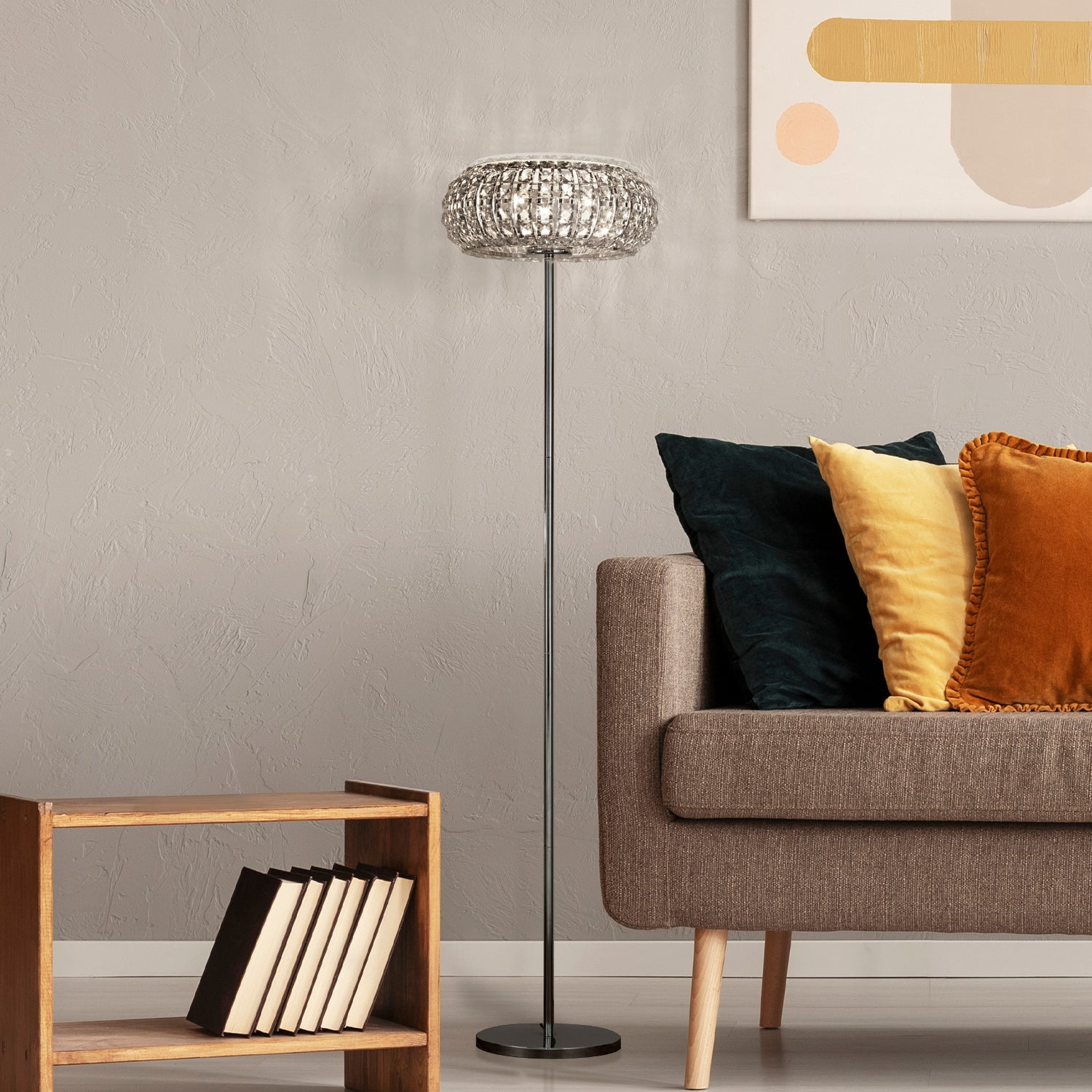 Searchlight Maria 3 Light Floor Lamp - Chrome, Crystal Glass & Sand