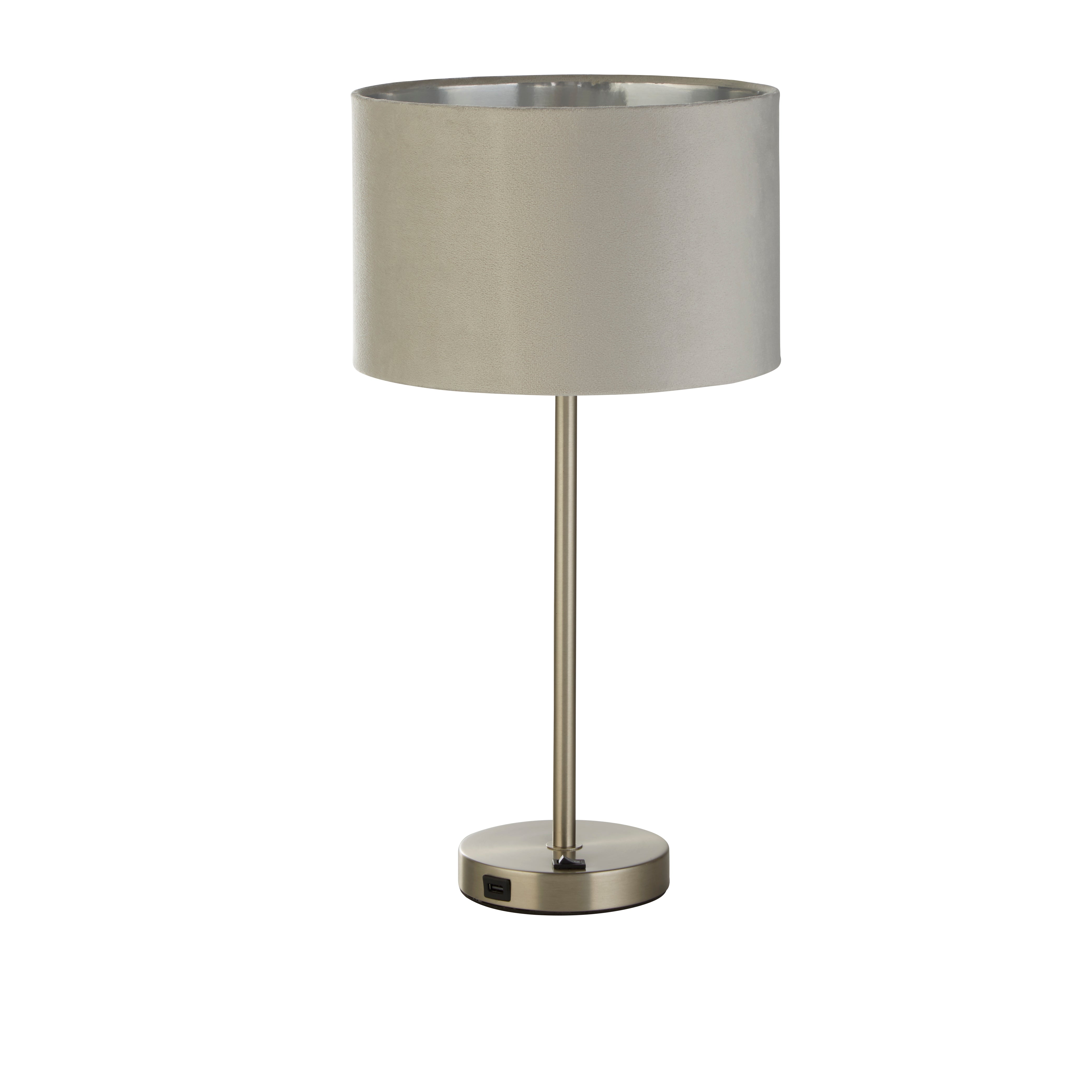 Searchlight Fairview USB Table Lamp - Satin Nickel & Grey Velvet Shade