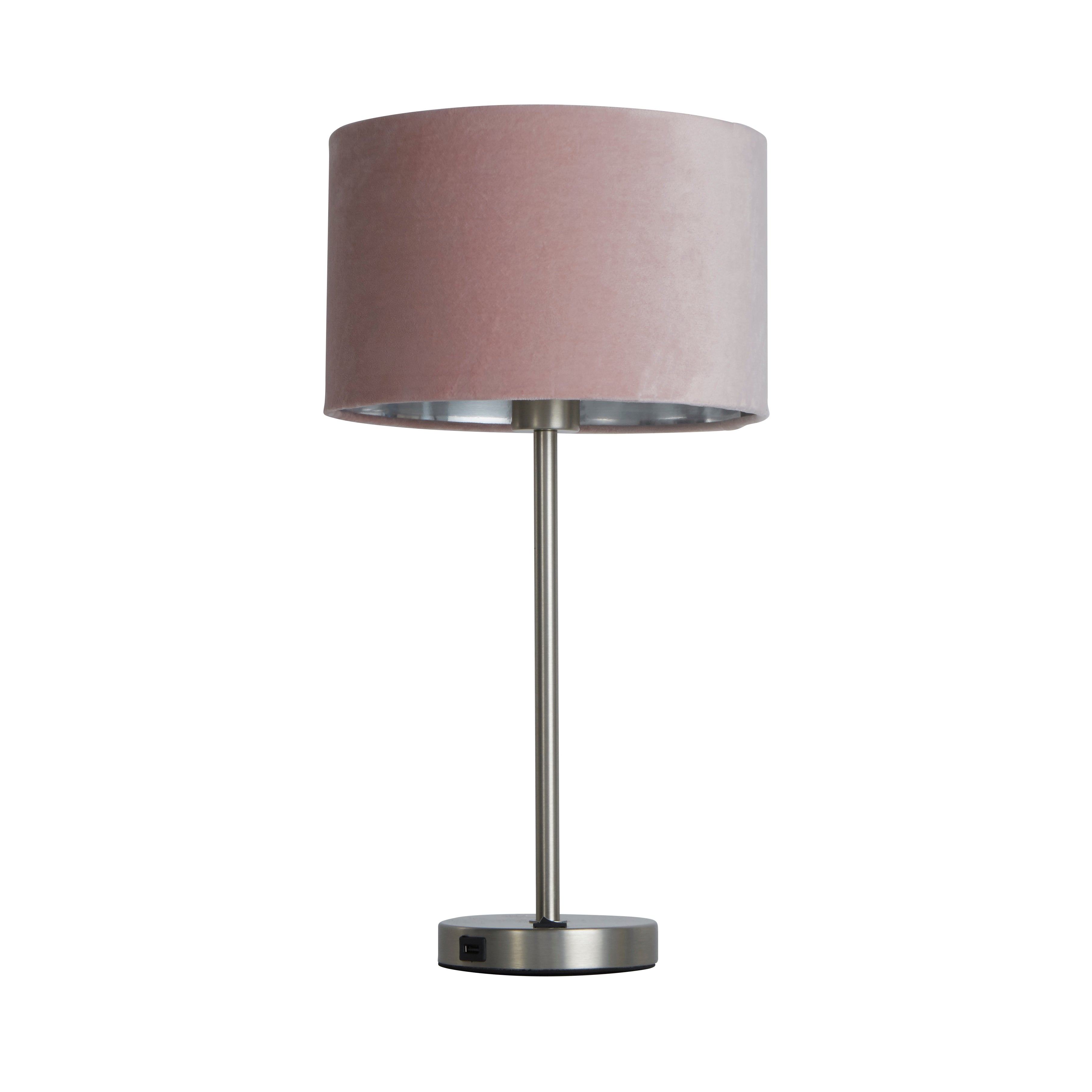 Searchlight Fairview USB Table Lamp - Satin Nickel & Pink Velvet Shade