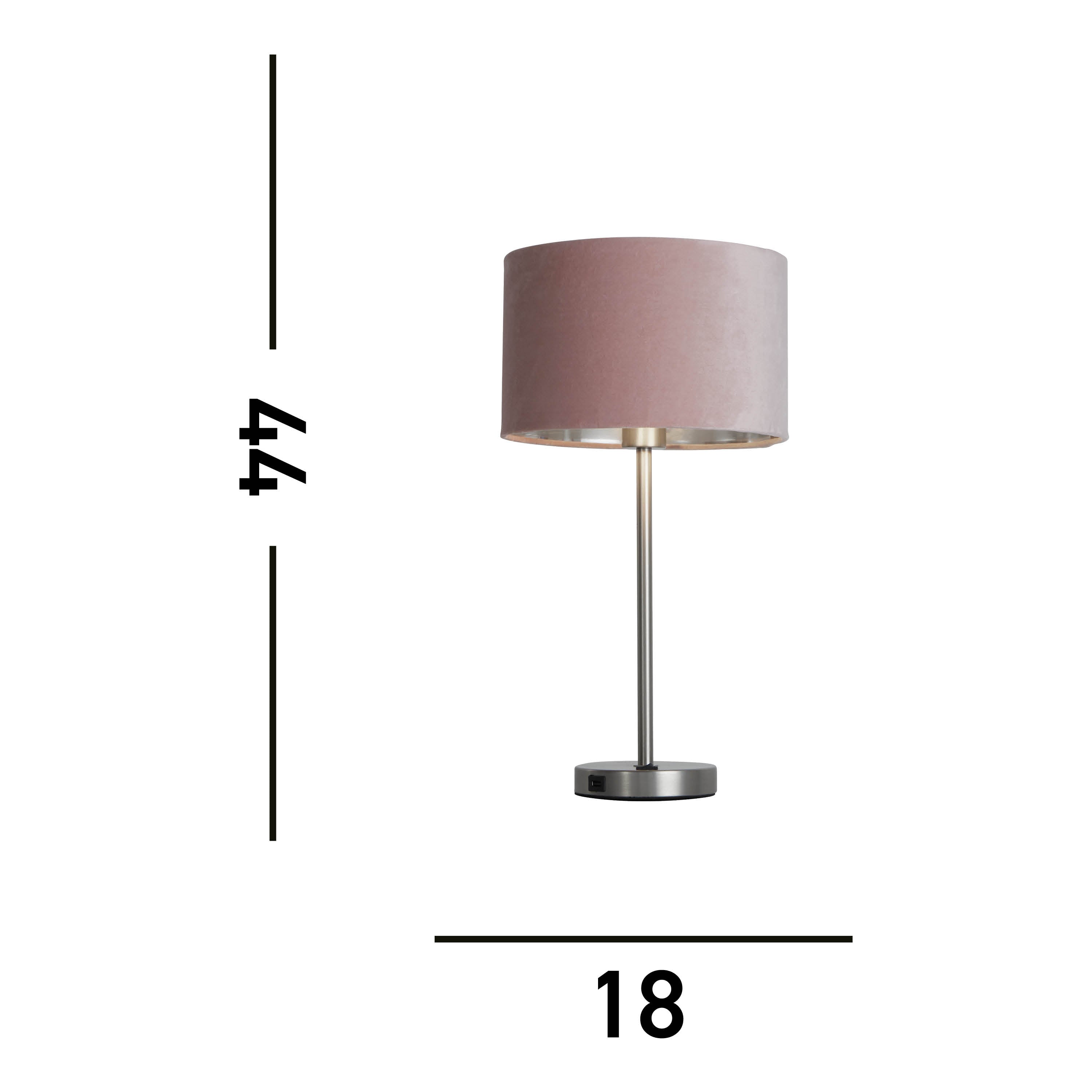 Searchlight Fairview USB Table Lamp - Satin Nickel & Pink Velvet Shade
