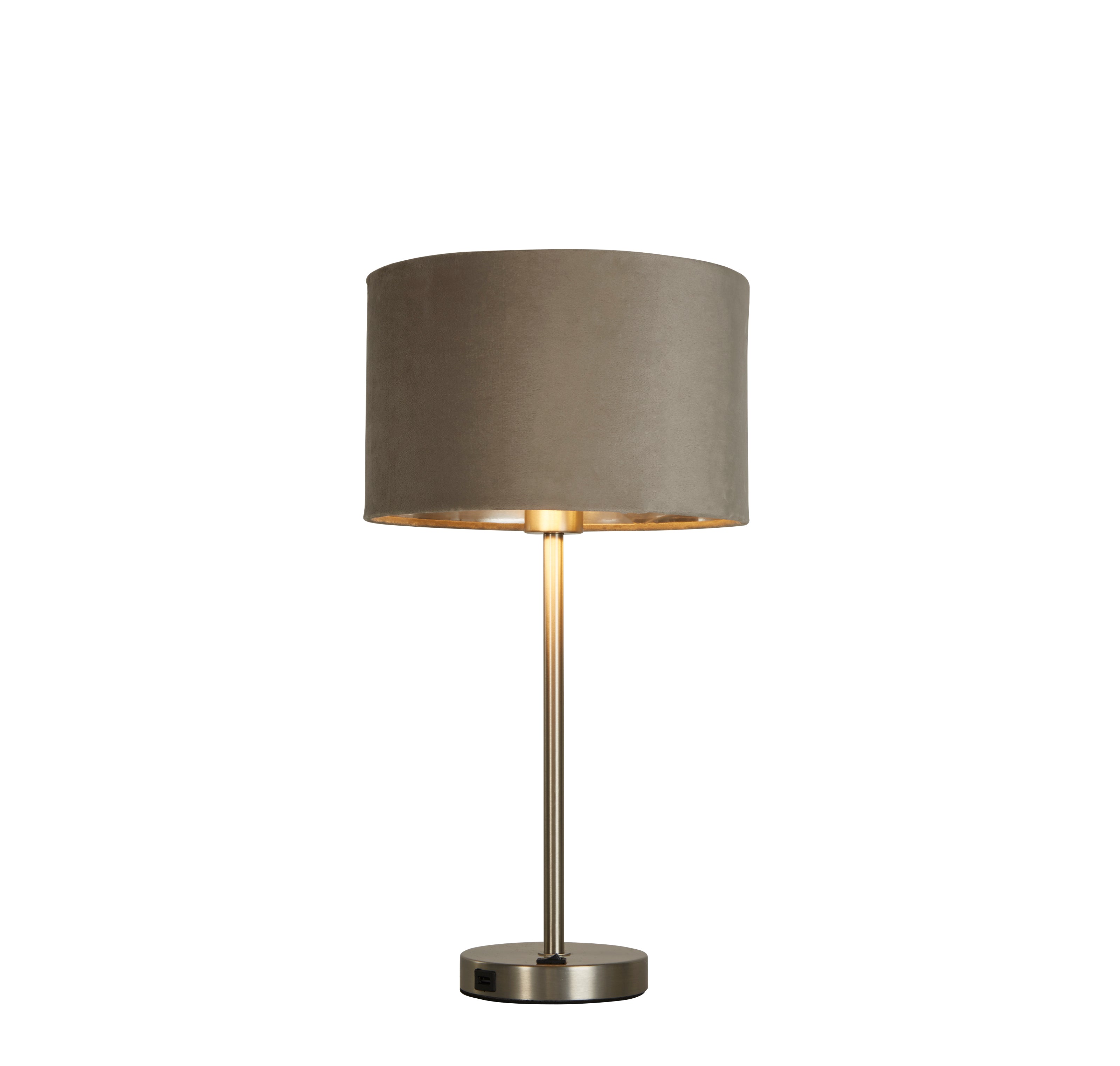 Searchlight Fairview USB Table Lamp - Satin Nickel & Taupe Velvet Shade