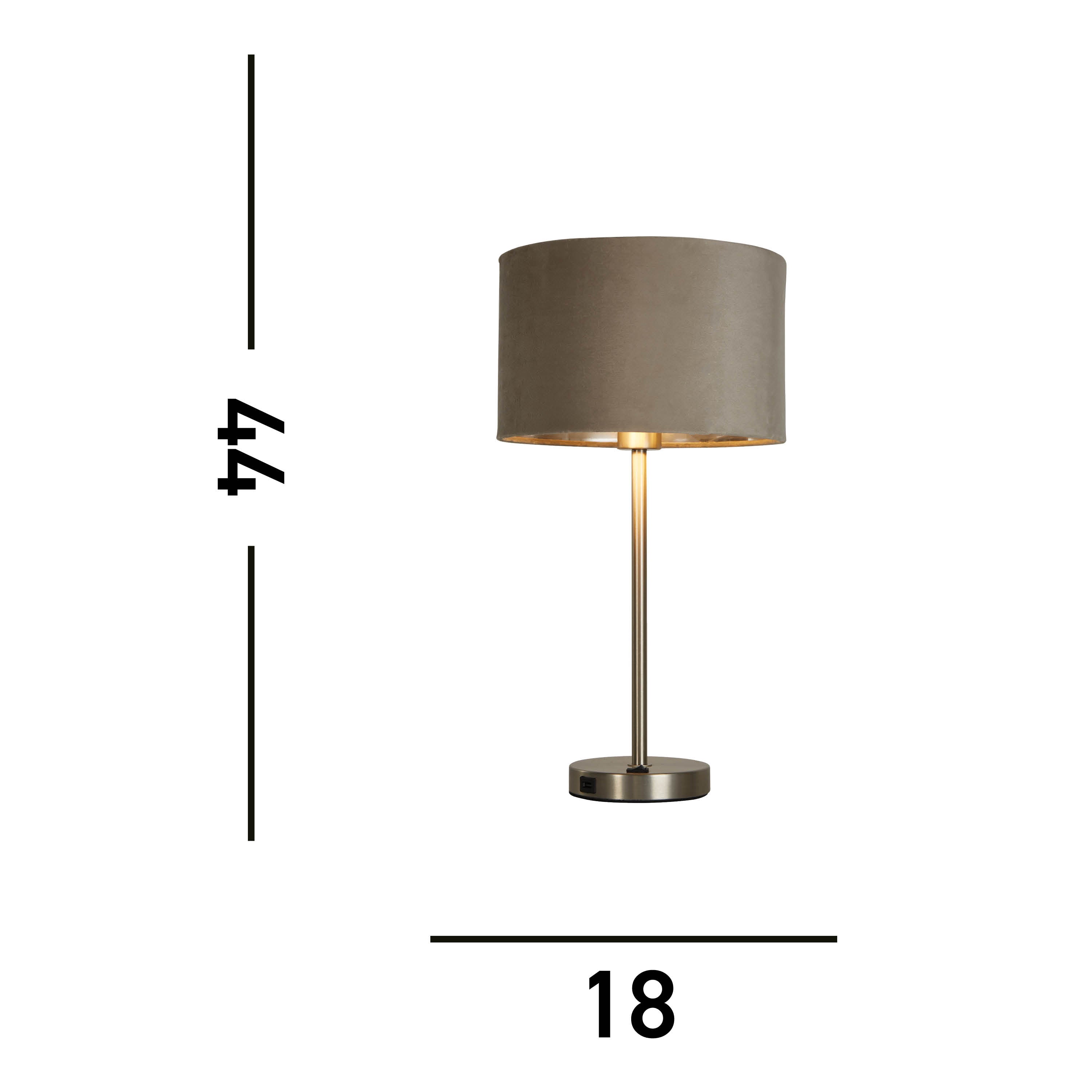 Searchlight Fairview USB Table Lamp - Satin Nickel & Taupe Velvet Shade