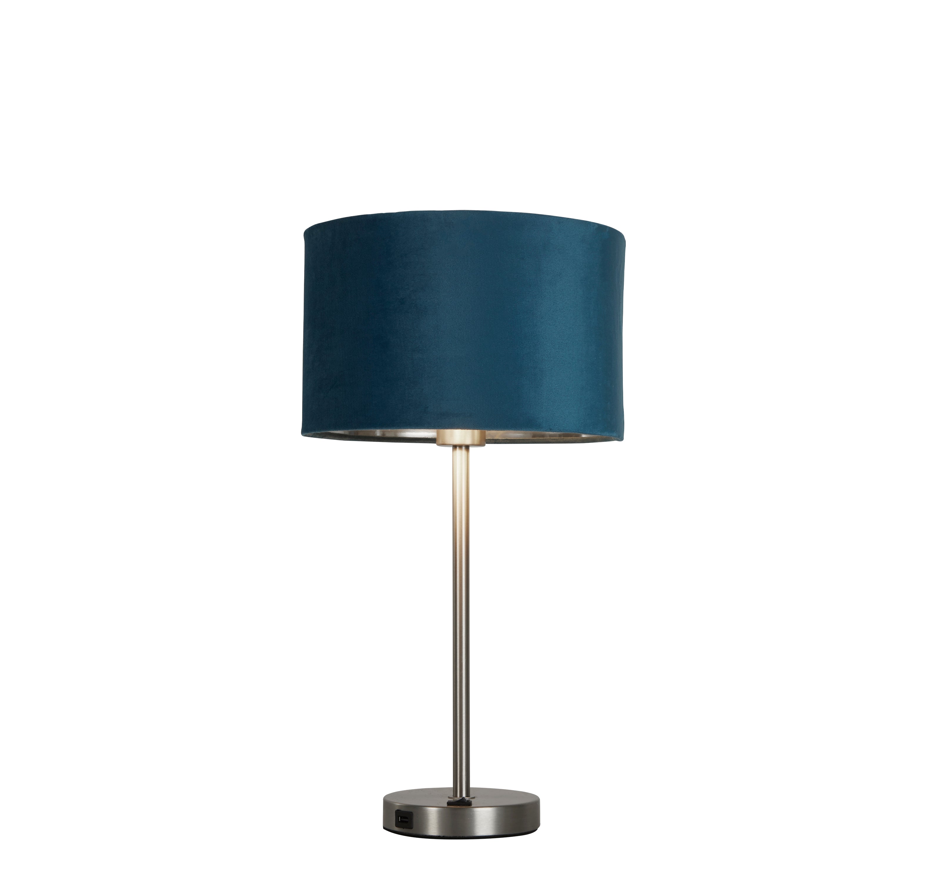 Searchlight Fairview USB Table Lamp - Satin Nickel & Teal Velvet Shade