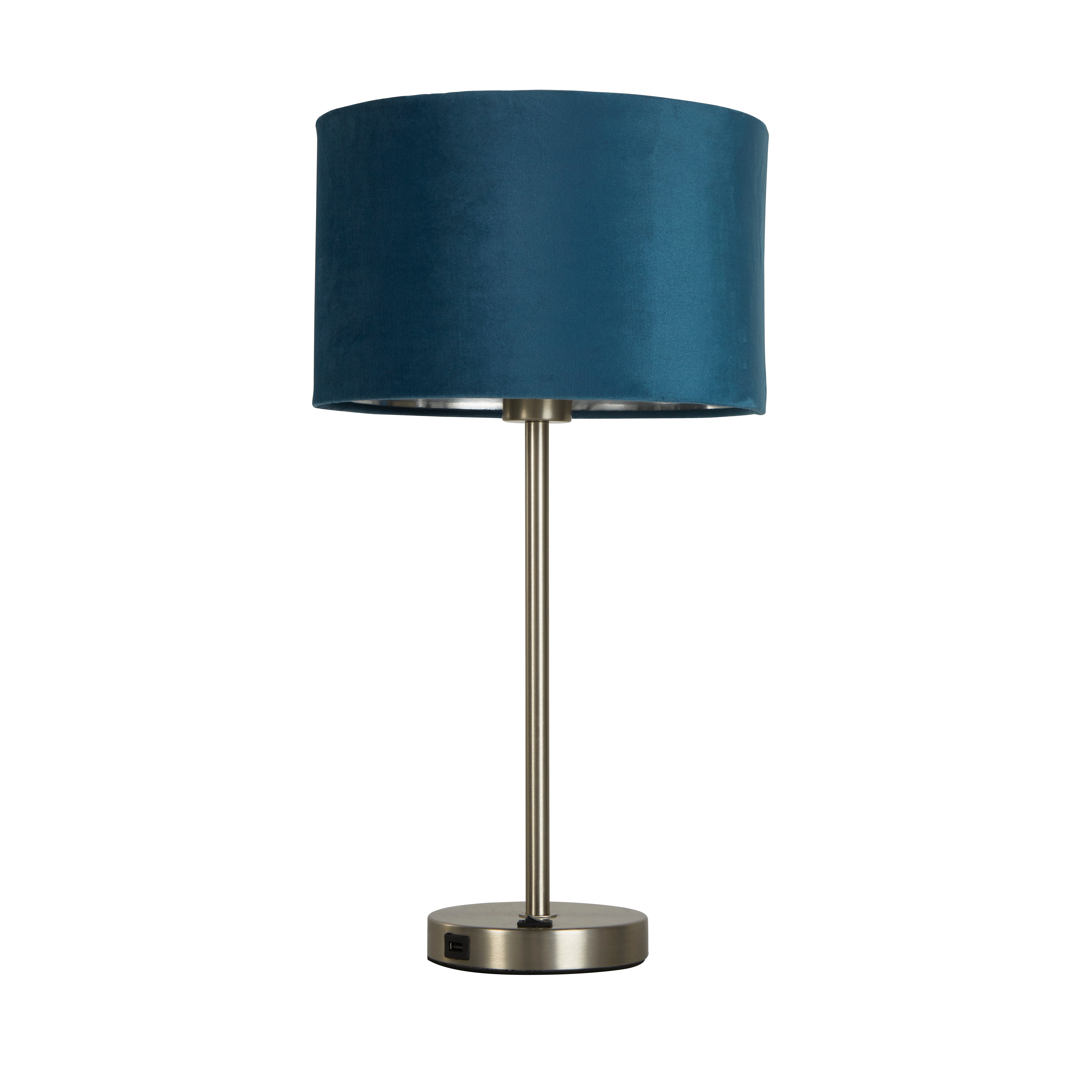 Searchlight Fairview USB Table Lamp - Satin Nickel & Teal Velvet Shade