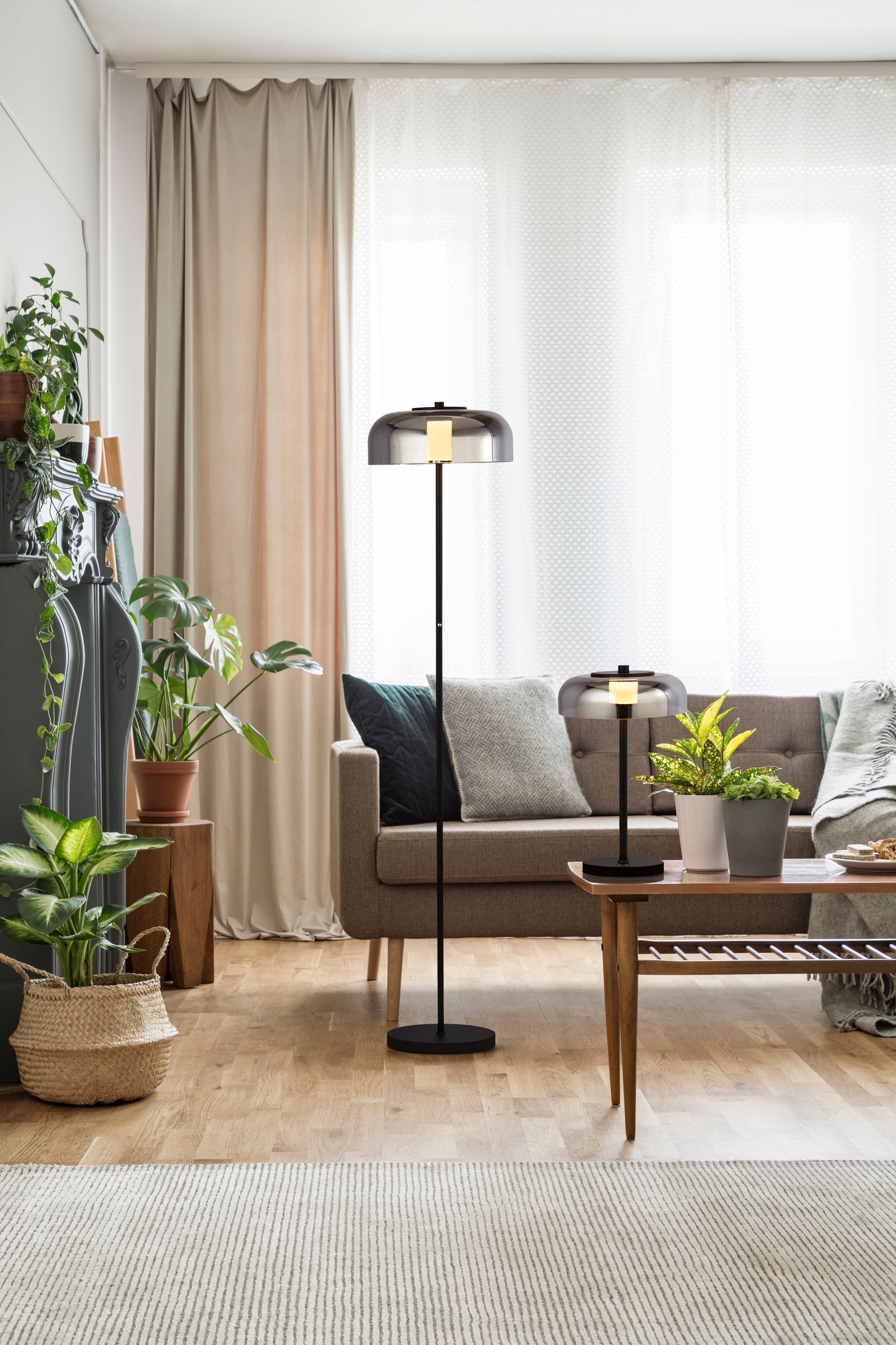 Searchlight Fir LED Floor Lamp - Matt Black & Smoked Glass