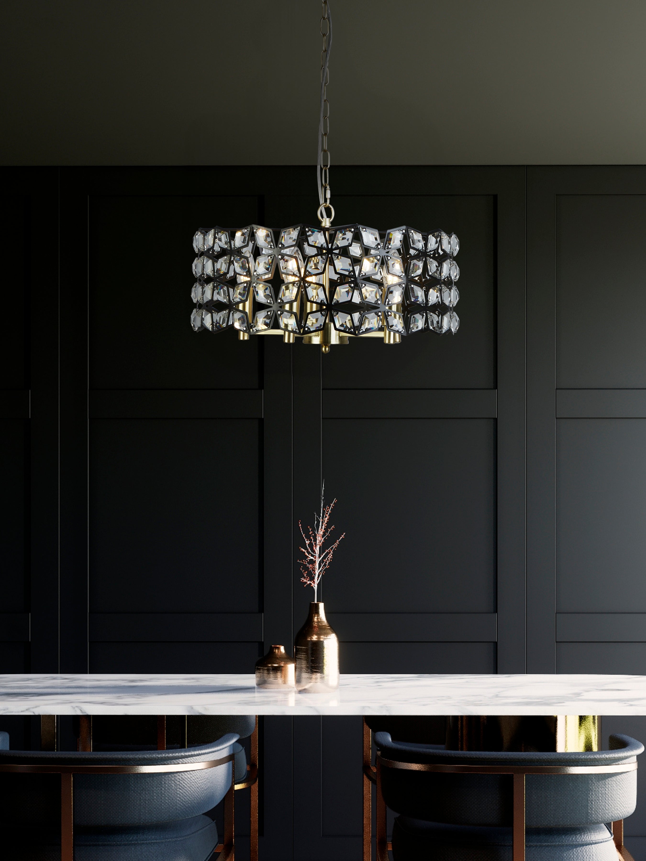 Searchlight Islington 5 Light Pendant - Black, Crystal & Brass