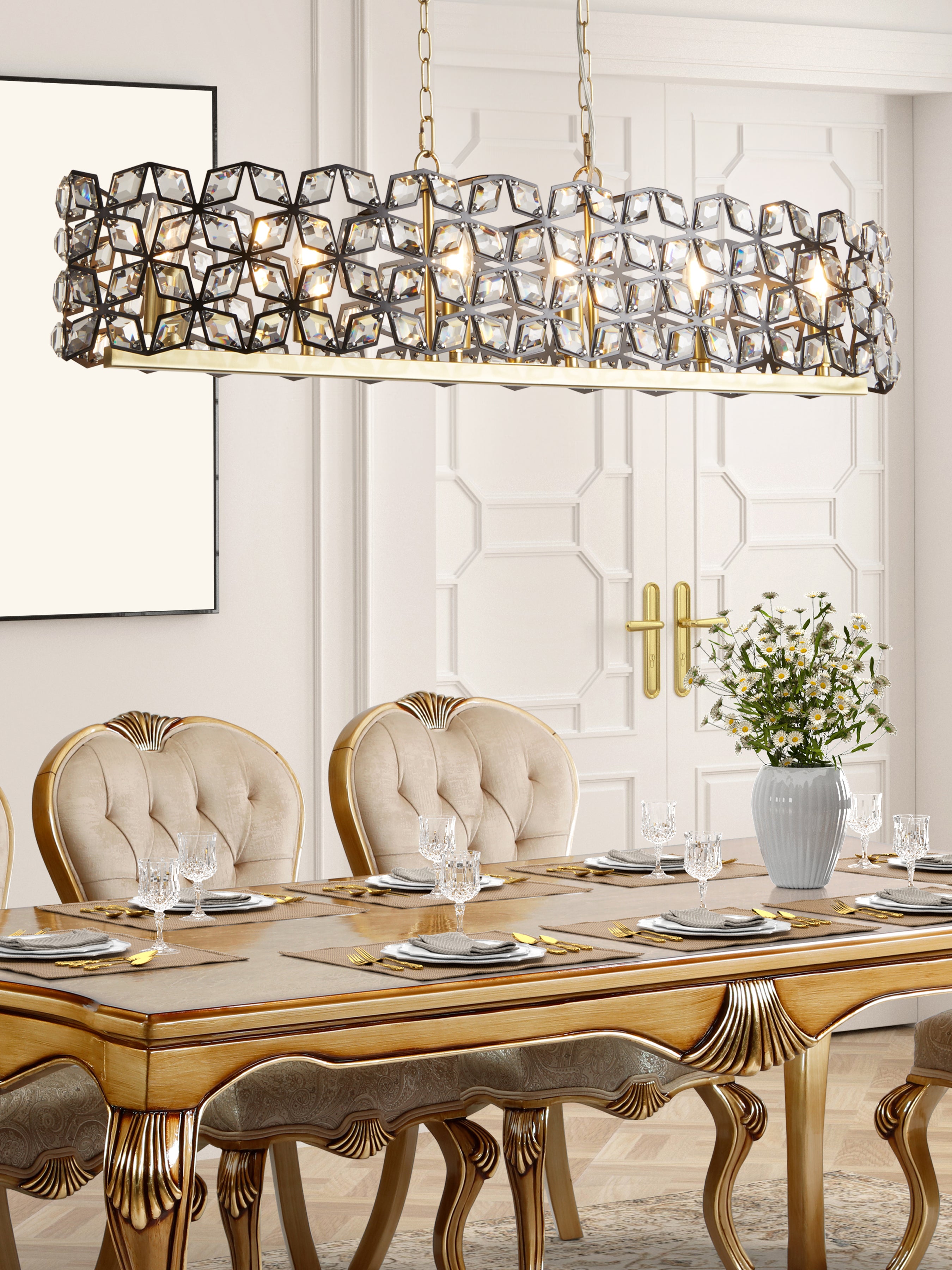 Searchlight Islington 6 Light Pendant - Black, Crystal & Brass