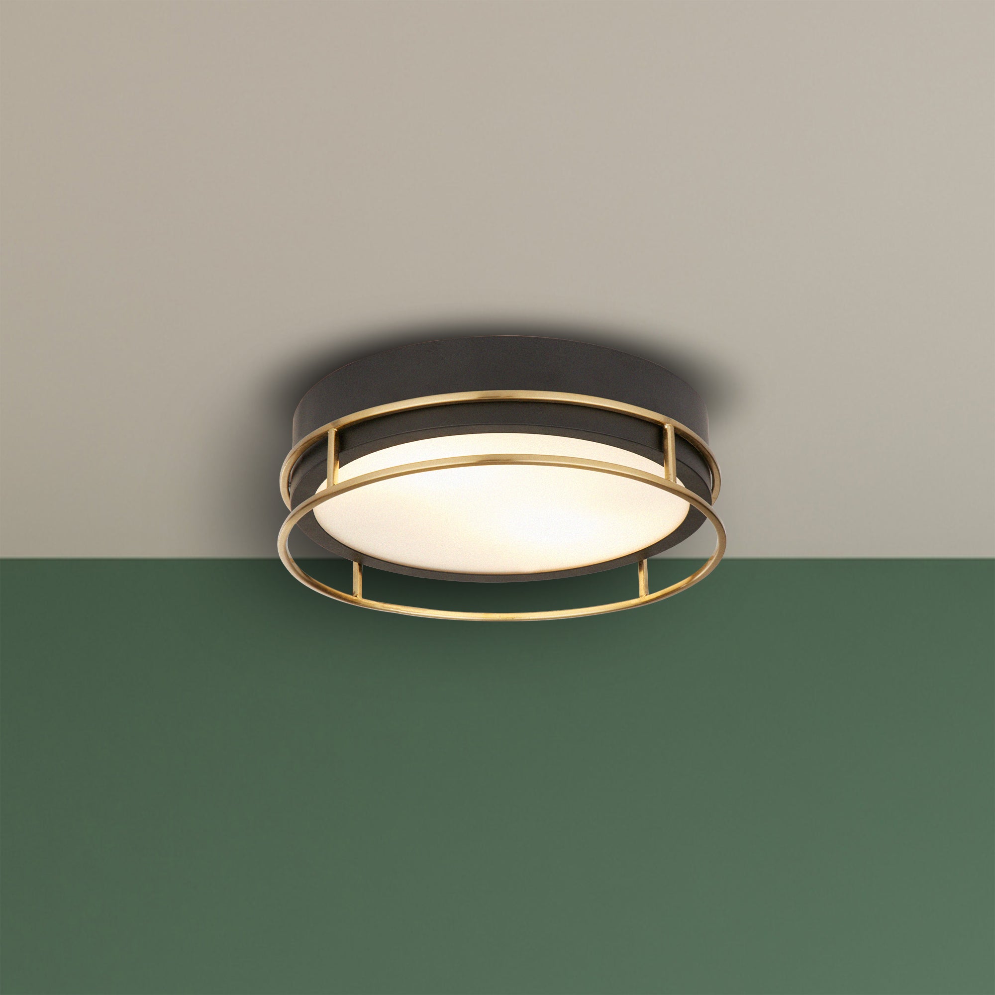 Searchlight Peel 2 Light Flush - Black, Brass & Frosted Glass