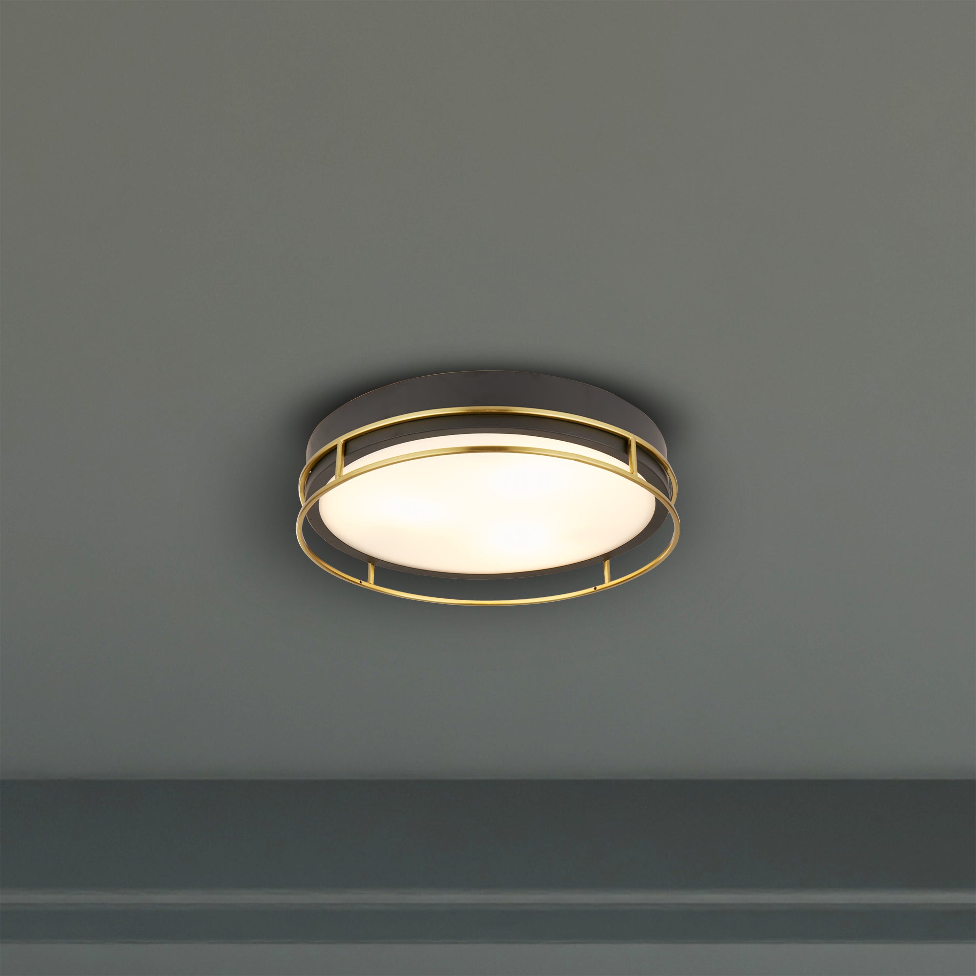 Searchlight Peel 3 Light Flush - Black, Brass & Frosted Glass