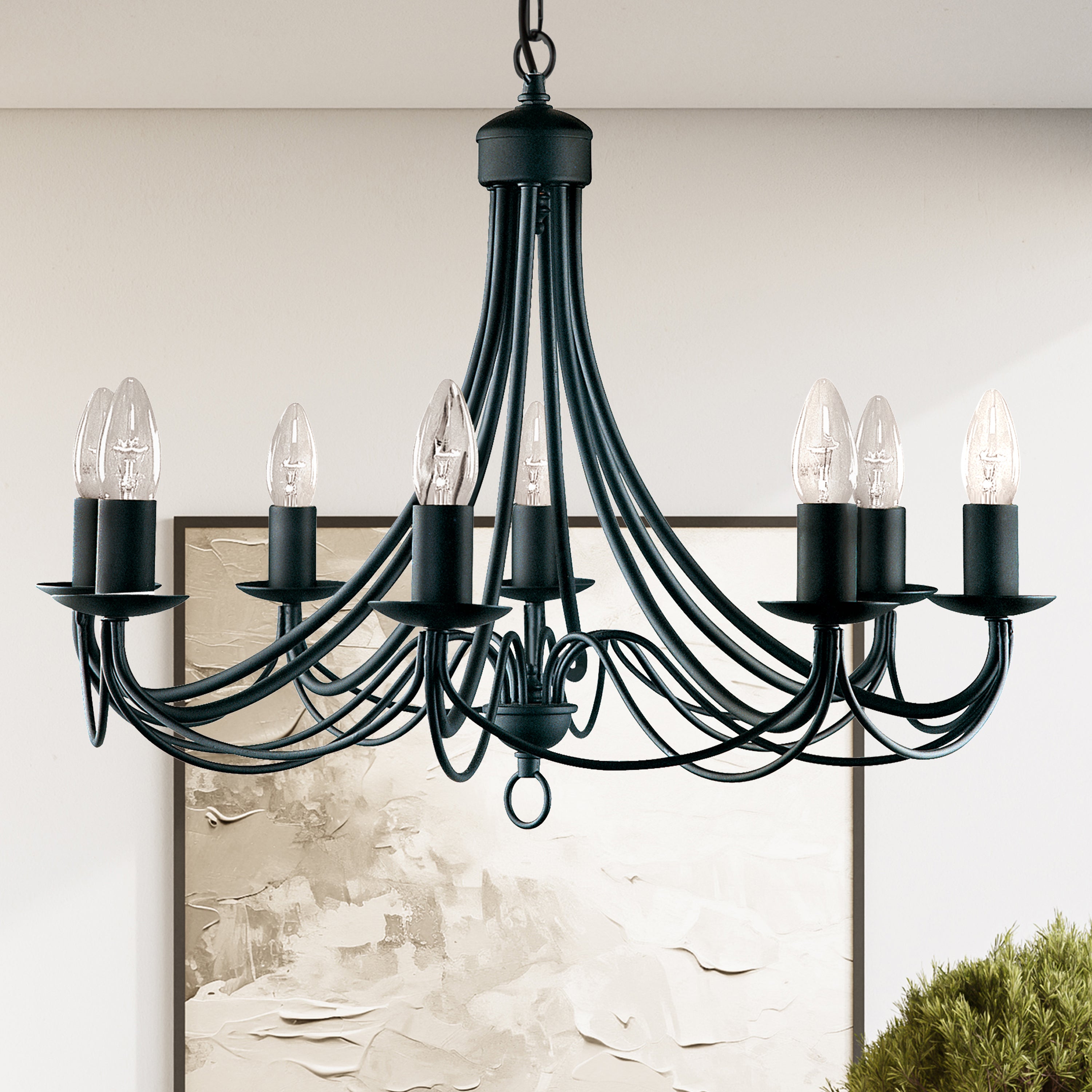 Searchlight Marsh Matt Black 8 Light Multi-arm Fitting, Birdcage Design