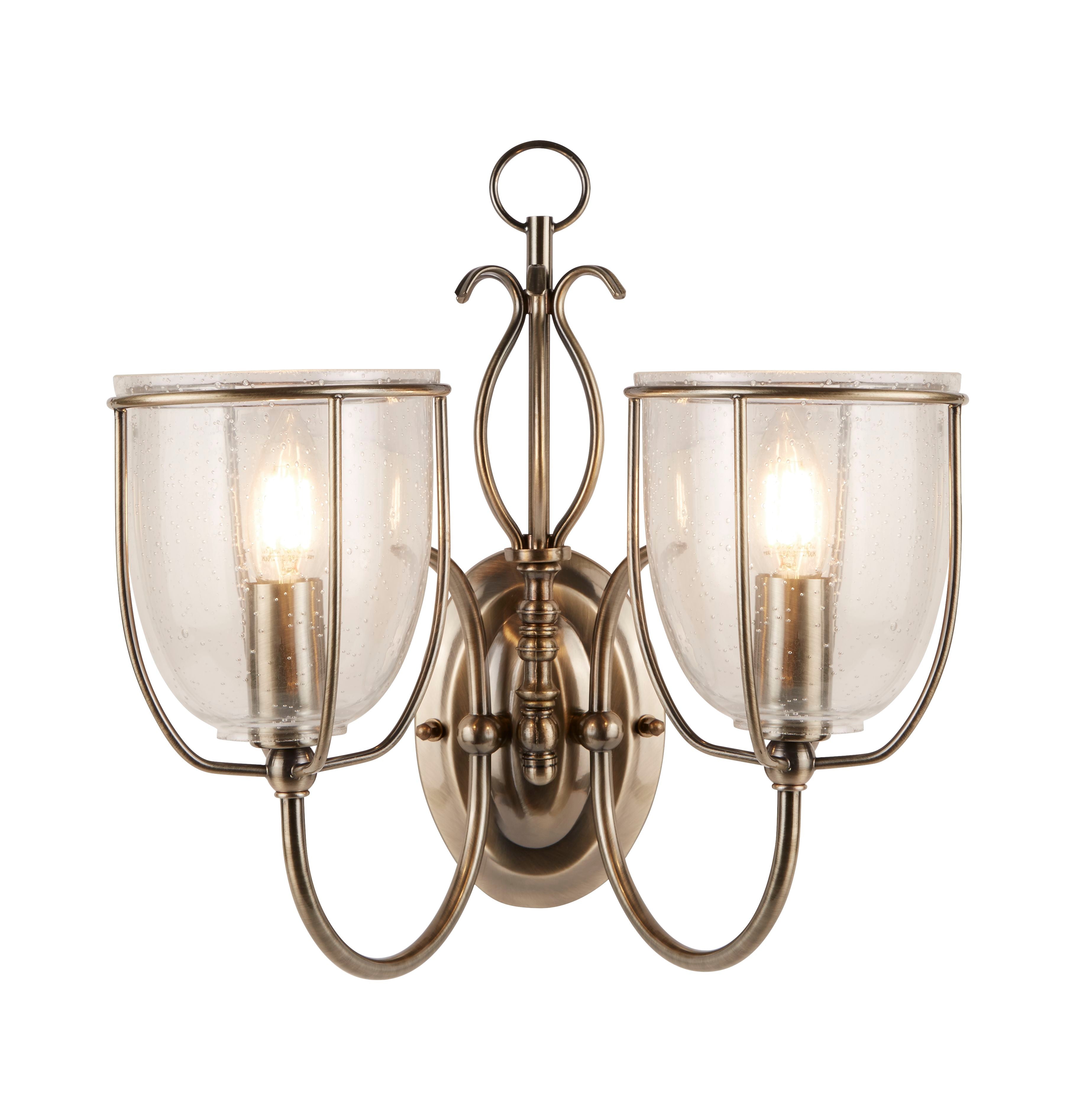 Searchlight Sims Antique Brass 2 Light Wall, Clear Seeded Glasses, Switched