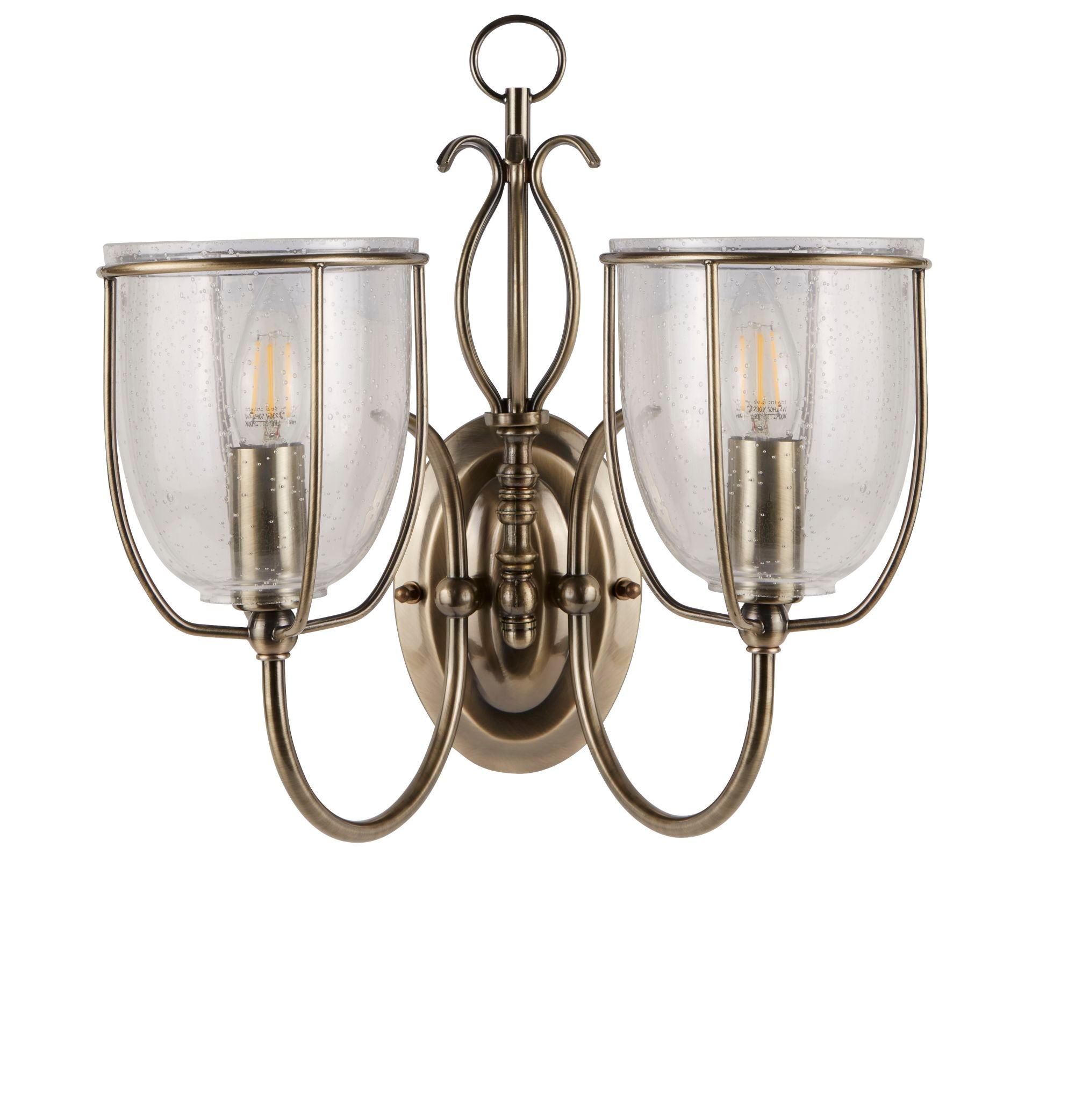 Searchlight Sims Antique Brass 2 Light Wall, Clear Seeded Glasses, Switched