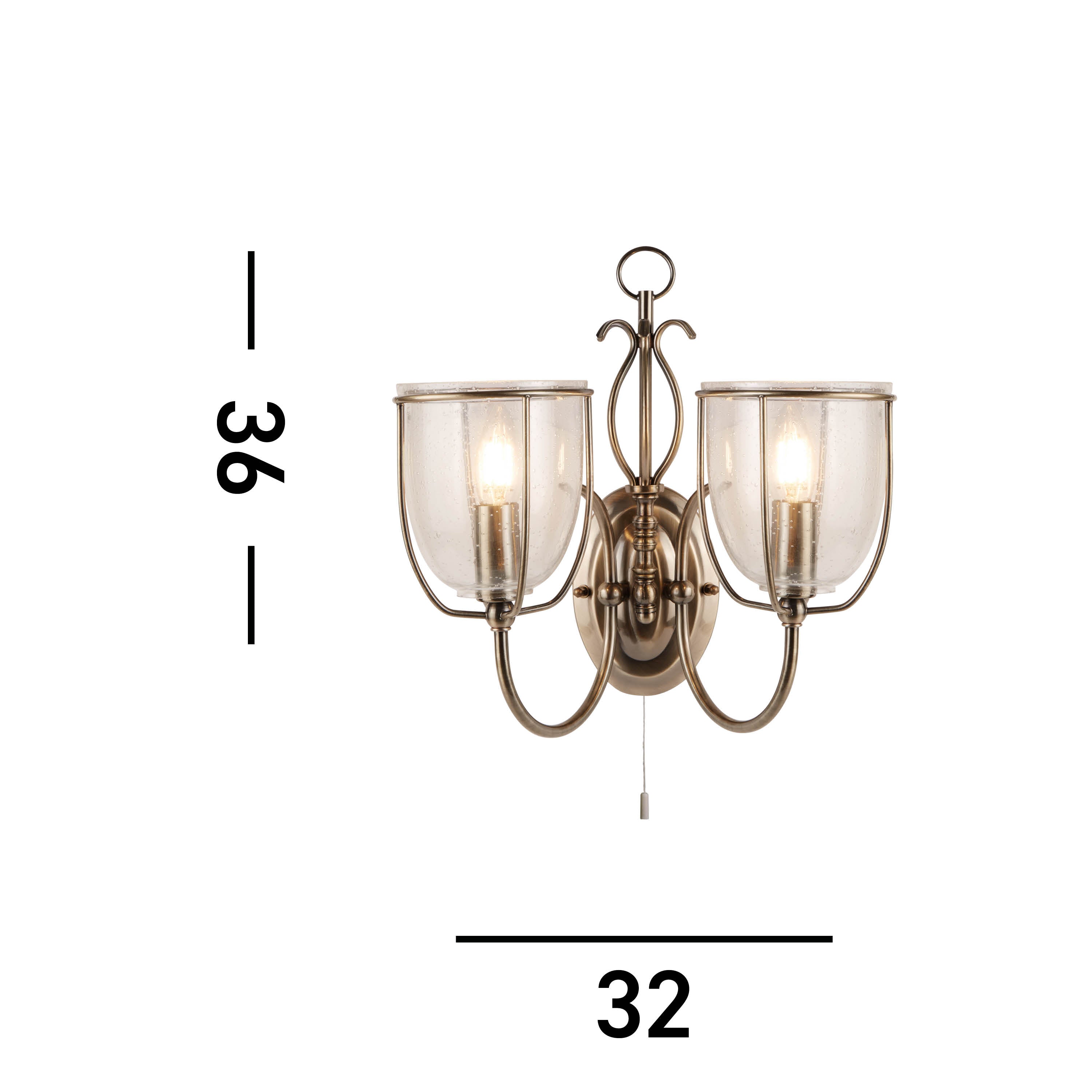 Searchlight Sims Antique Brass 2 Light Wall, Clear Seeded Glasses, Switched