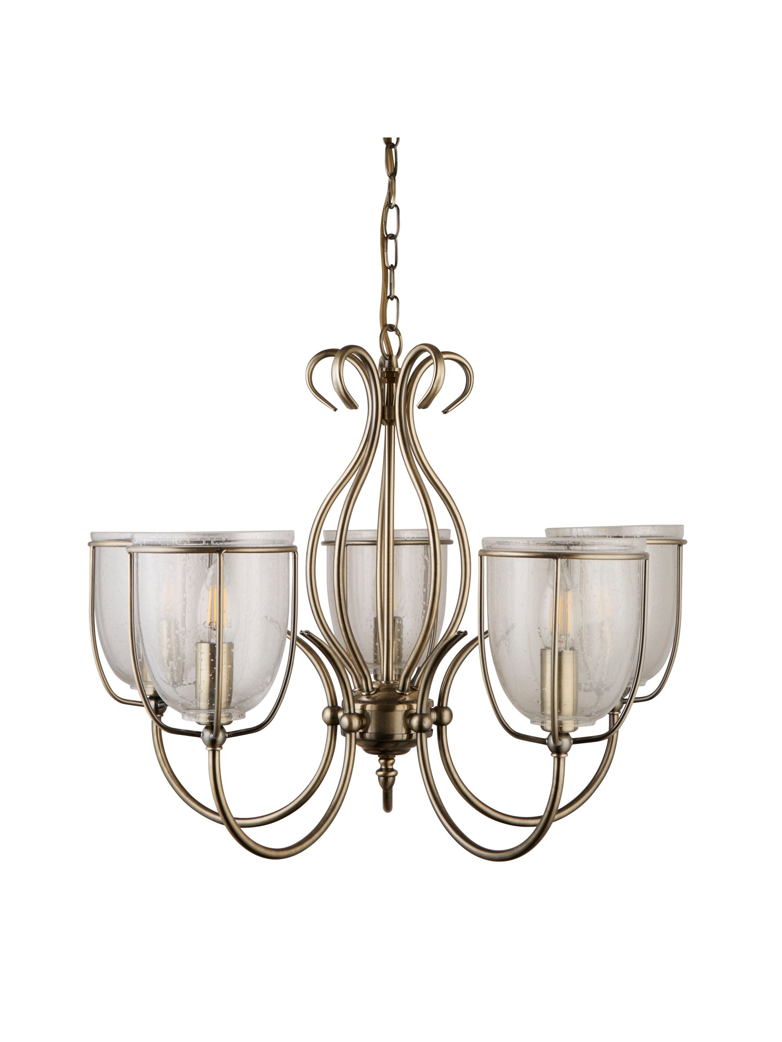 Searchlight Sims Antique Brass 5 Light Fitting With Clear Seeded Glass Shades