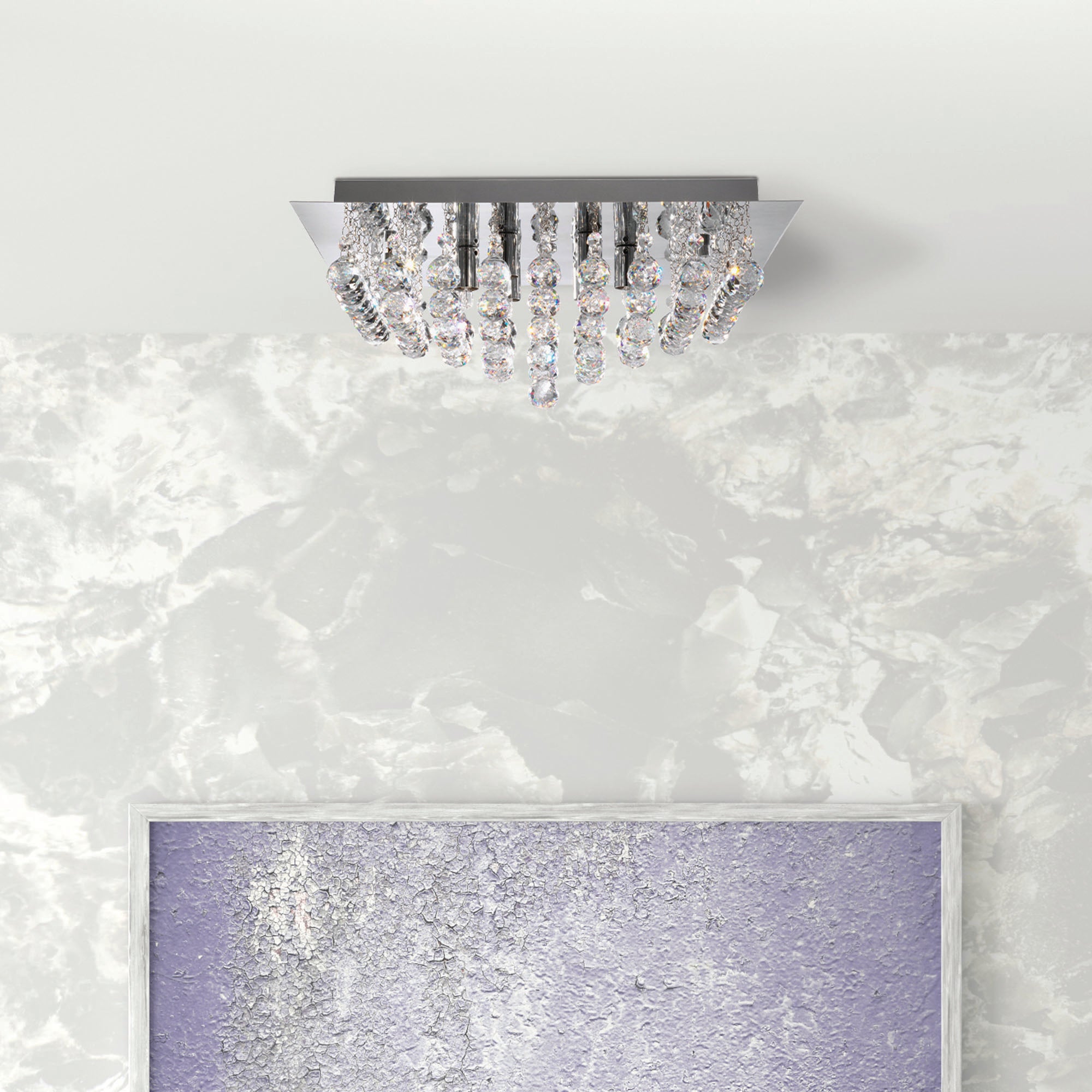 Searchlight Hampstead Chrome 6 Light Square Semi-Flush With Clear Facetted Crystal Balls