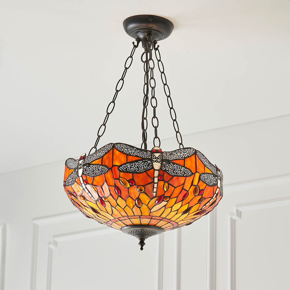 Interiors 1900 Dragonfly Flame Medium Inverted 3 Light Pendant - Handcrafted Tiffany Style Glass