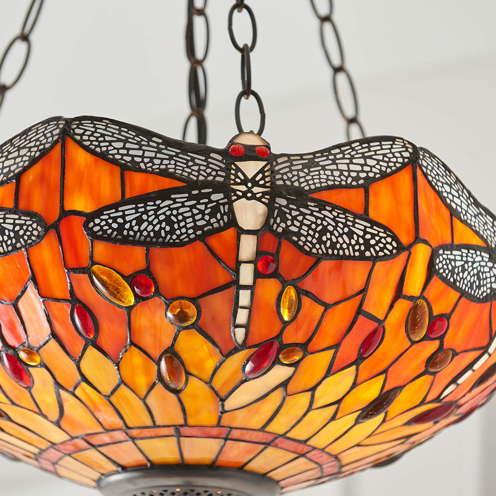 Interiors 1900 Dragonfly Flame Medium Inverted 3 Light Pendant - Handcrafted Tiffany Style Glass