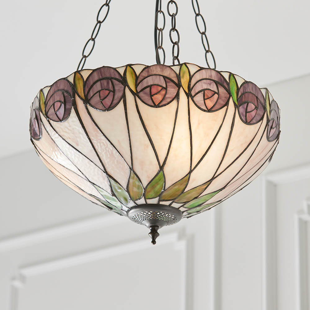 Interiors 1900 Hutchinson Medium Inverted 3 Light Pendant - Handcrafted Tiffany Style Glass