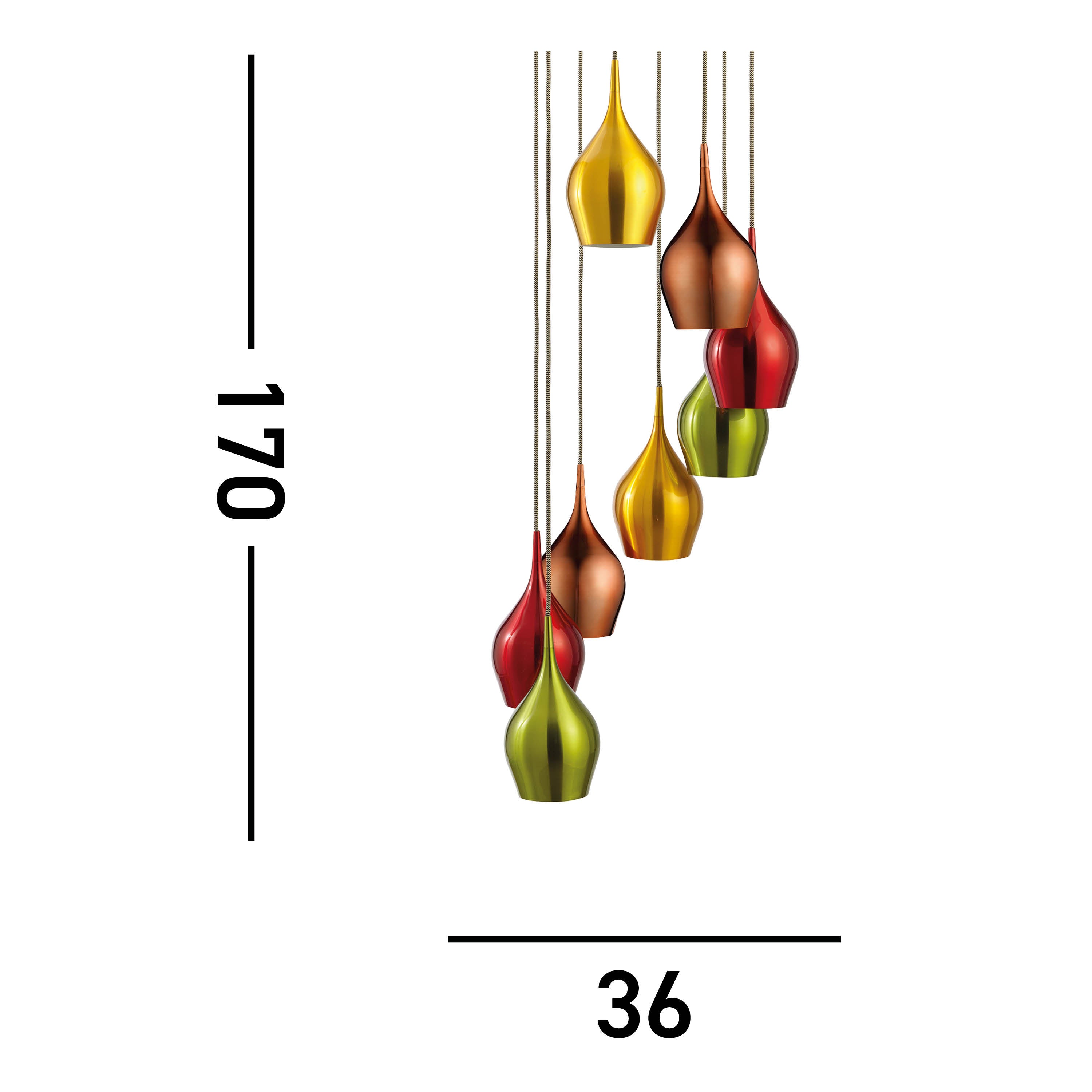 Searchlight Vulcan 8 Light Multi - Drop Coloured (Red, Green, Gold, Copper) Shades