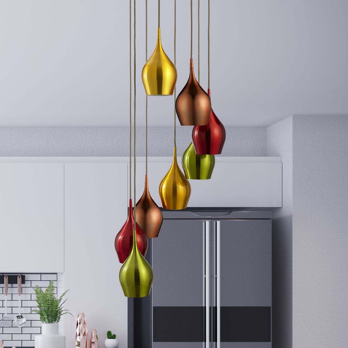 Searchlight Vulcan 8 Light Multi - Drop Coloured (Red, Green, Gold, Copper) Shades