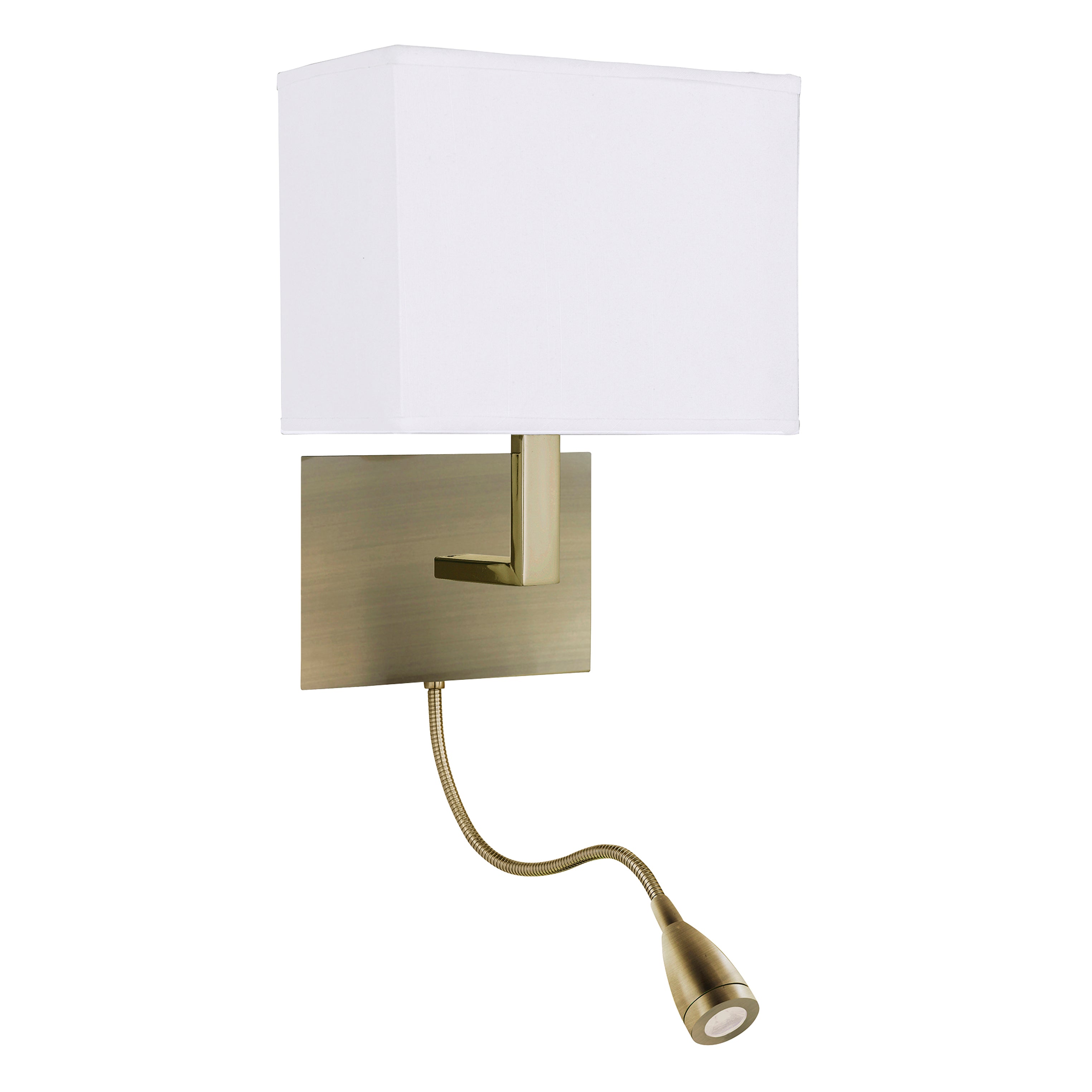 Searchlight Angela Antique Brass Wall Light - White Shade Incorporating LED Flexi - Arm, Switched
