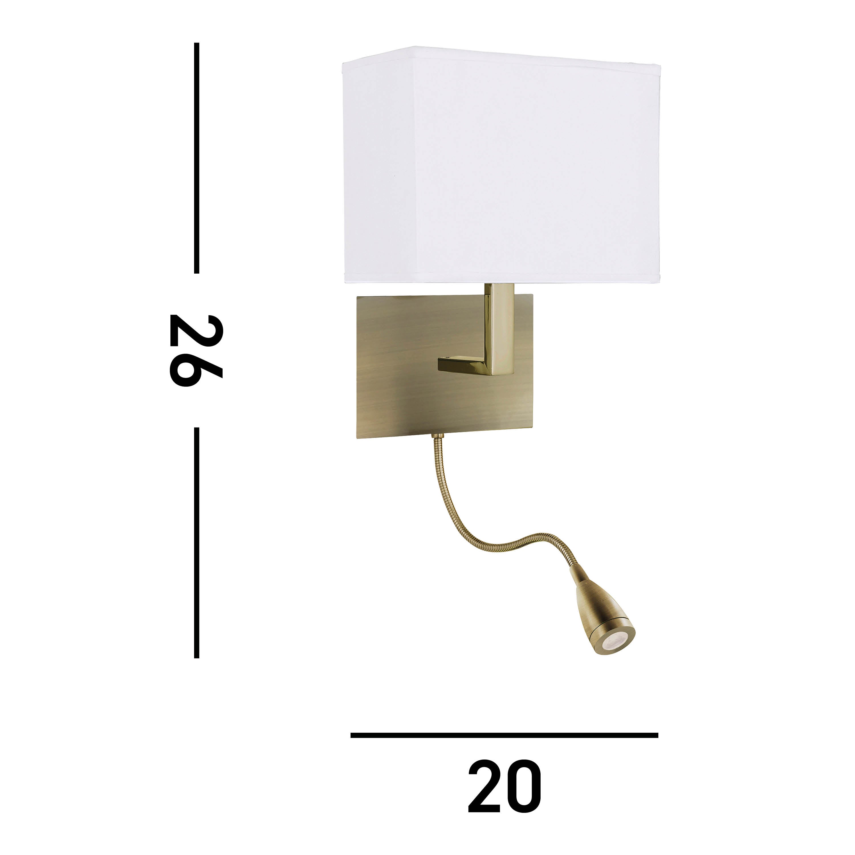 Searchlight Angela Antique Brass Wall Light - White Shade Incorporating LED Flexi - Arm, Switched