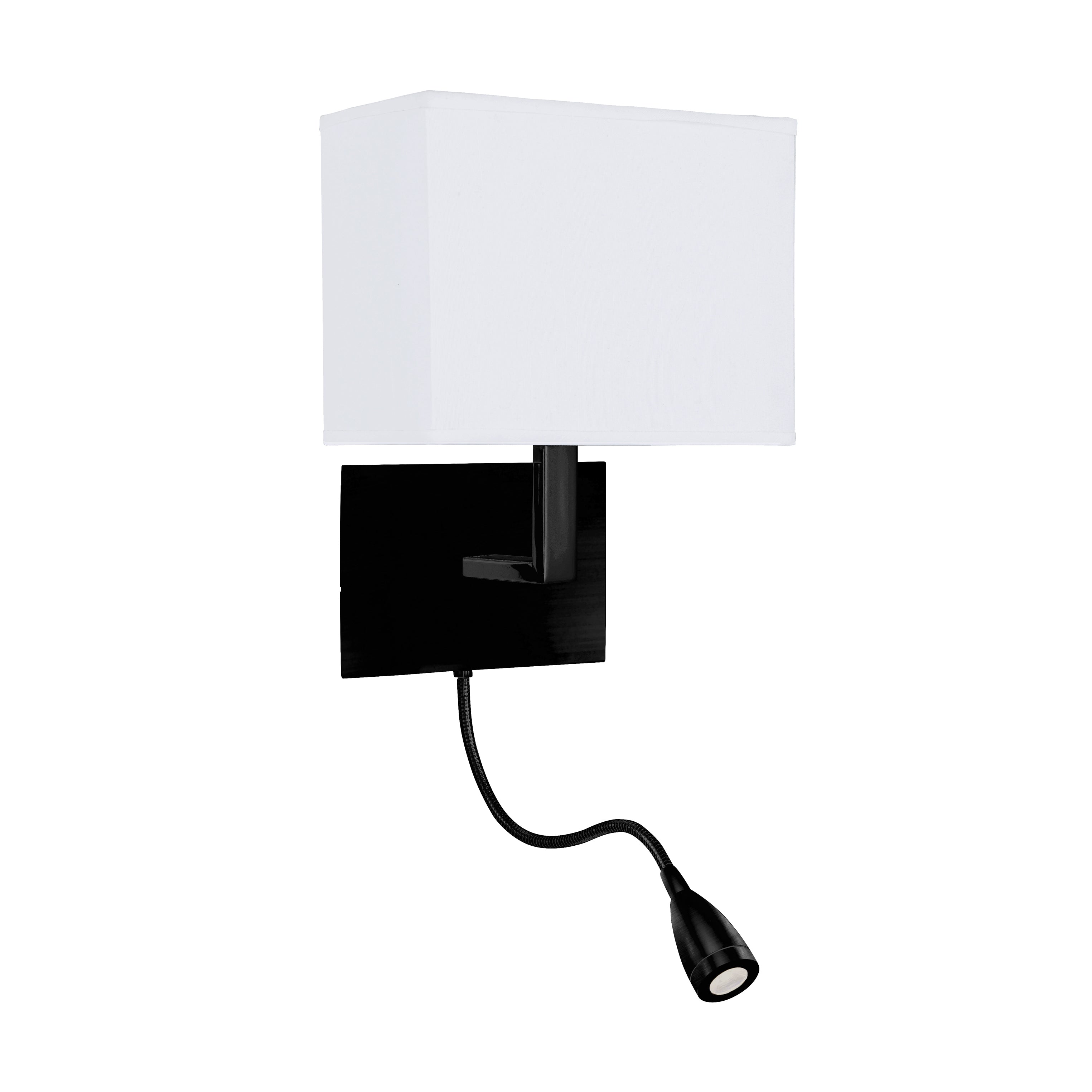 Searchlight Hardy Wall Light with Reading Light - Matt Black & White Fabric Shade