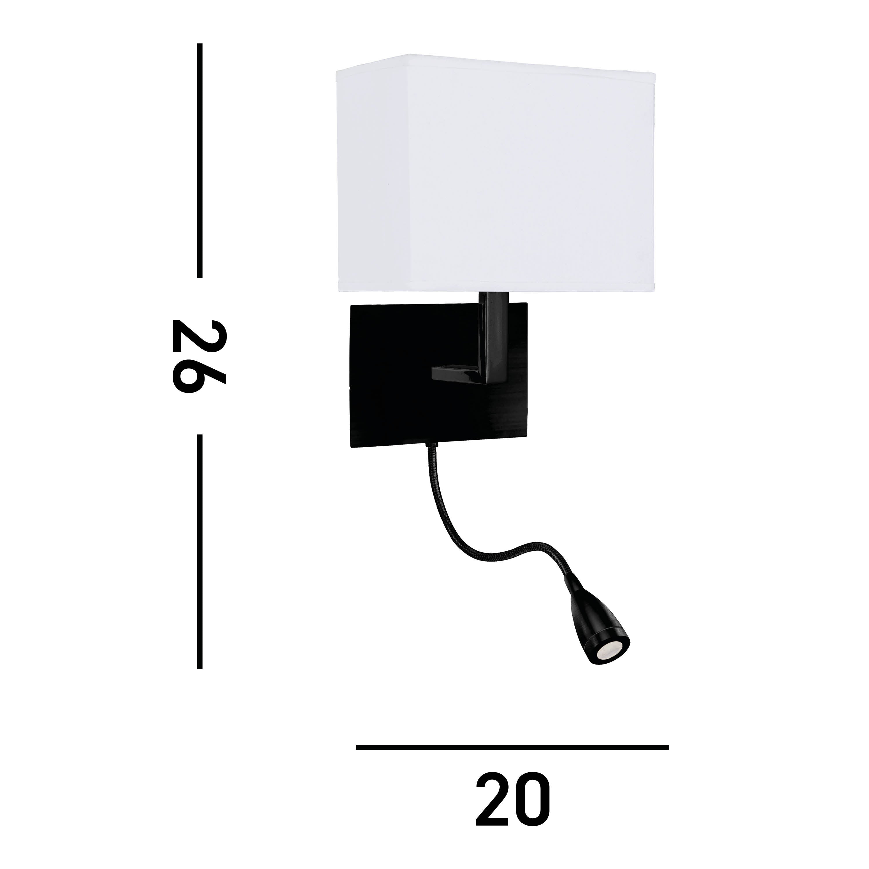 Searchlight Hardy Wall Light with Reading Light - Matt Black & White Fabric Shade
