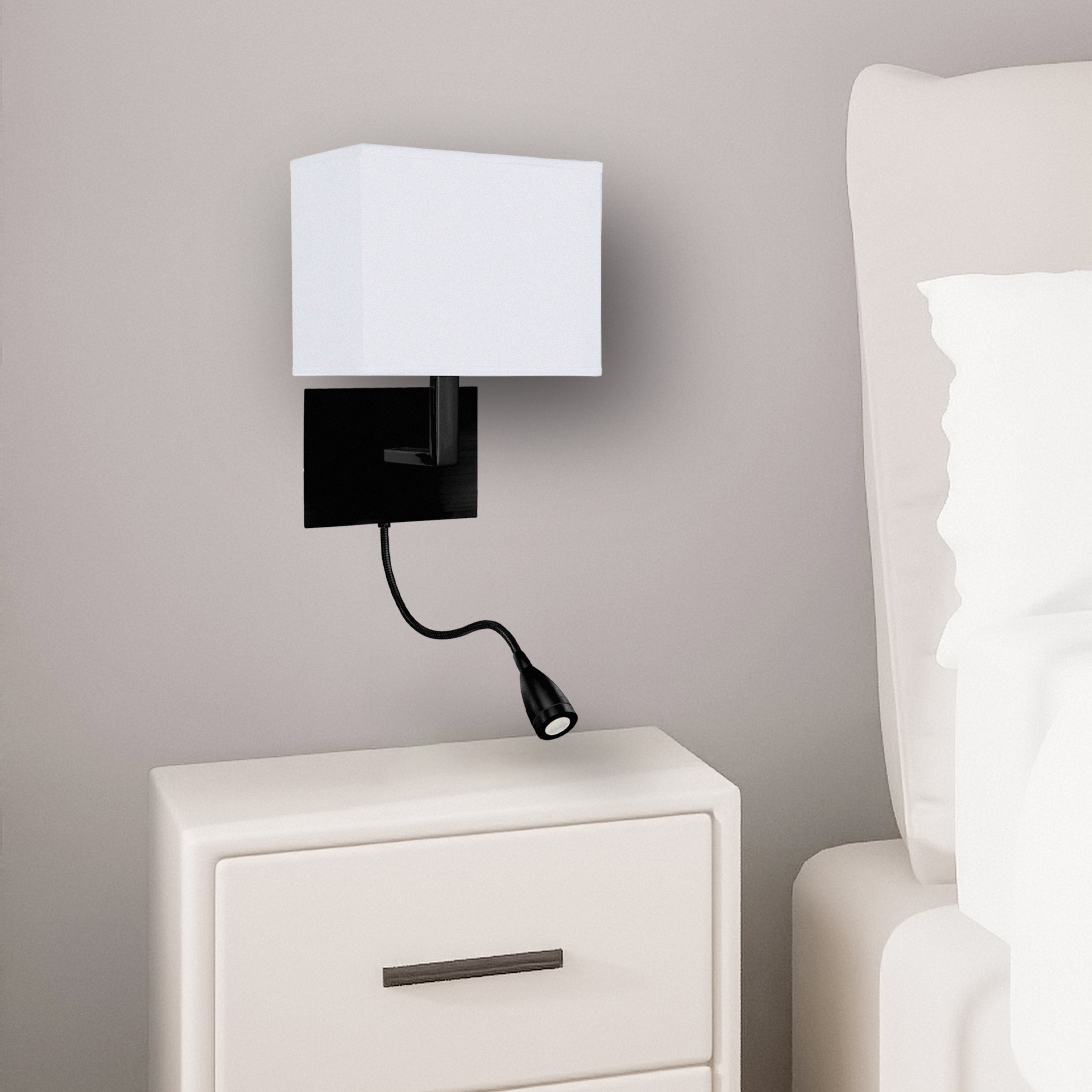 Searchlight Hardy Wall Light with Reading Light - Matt Black & White Fabric Shade