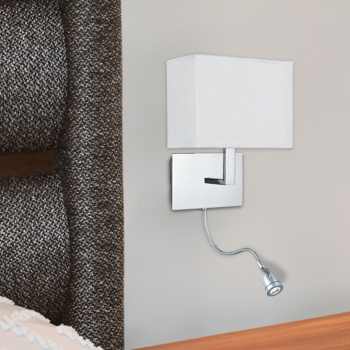 Searchlight Oakes Chrome Wall Light Oakes White Shade, LED Flexi - Arm, Switched