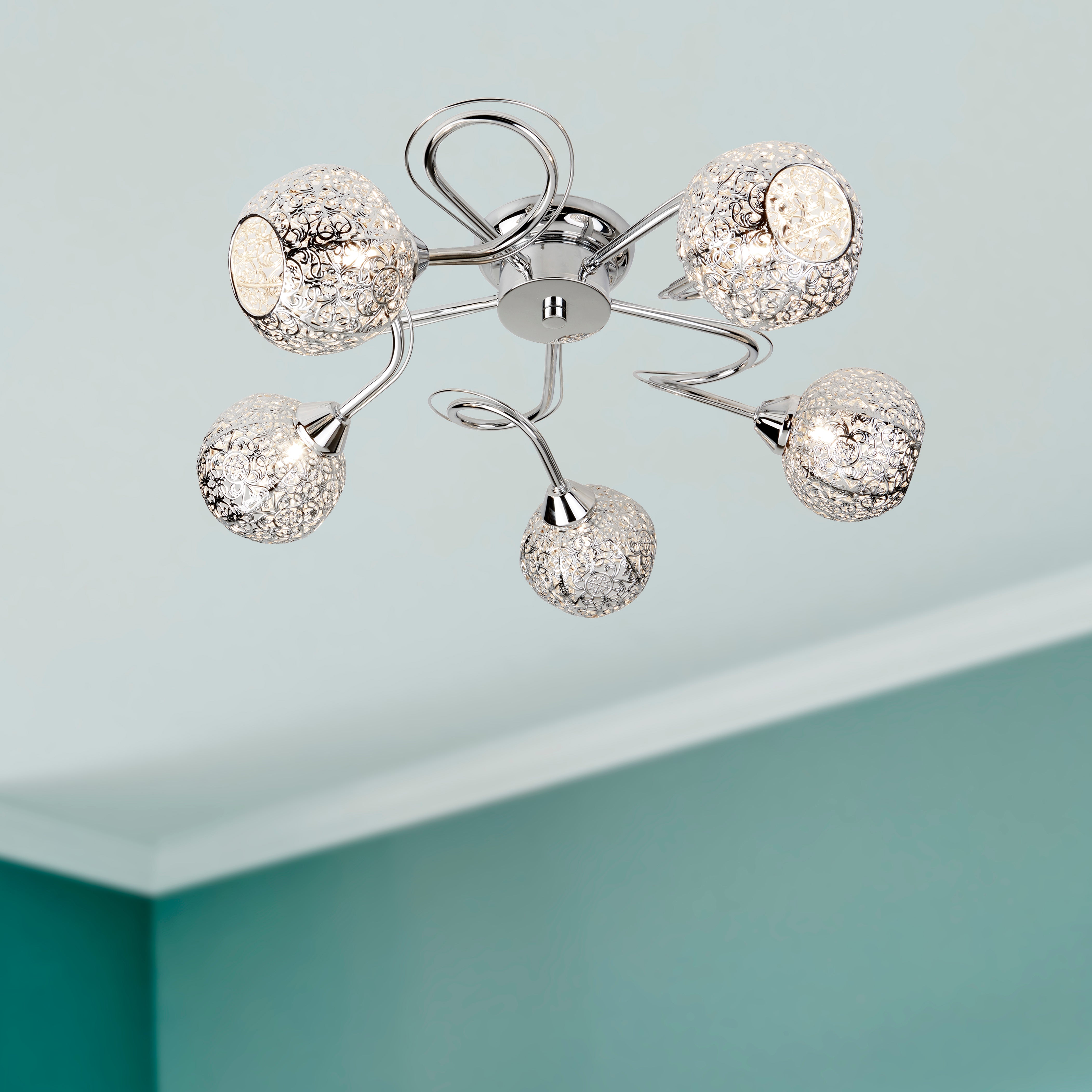Searchlight Smithdown Chrome, 5 Light Ceiling Flush, Metal Fretwork Pattern Shades