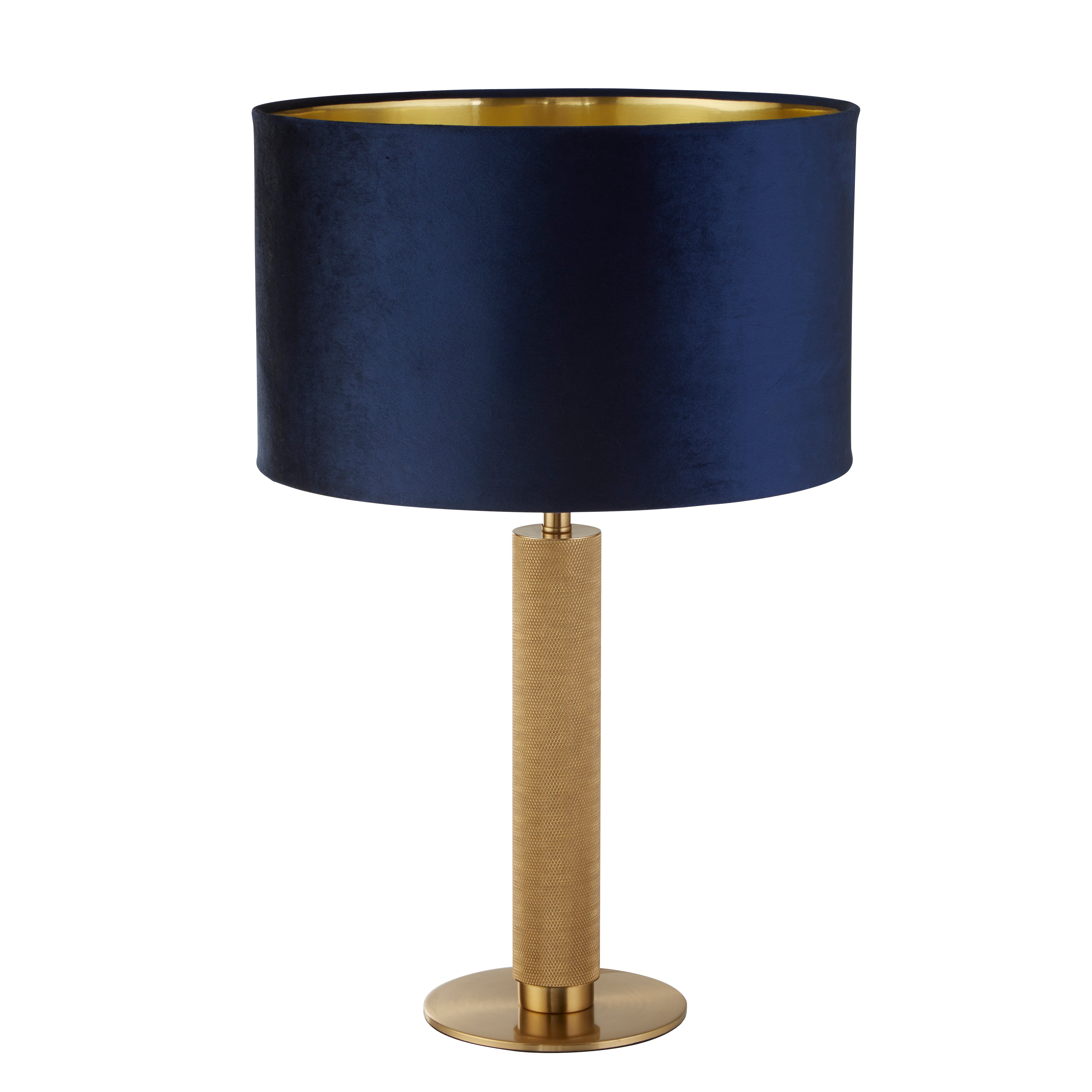 Searchlight Latimer Table Lamp - Knurled Brass & Navy Velvet Shade