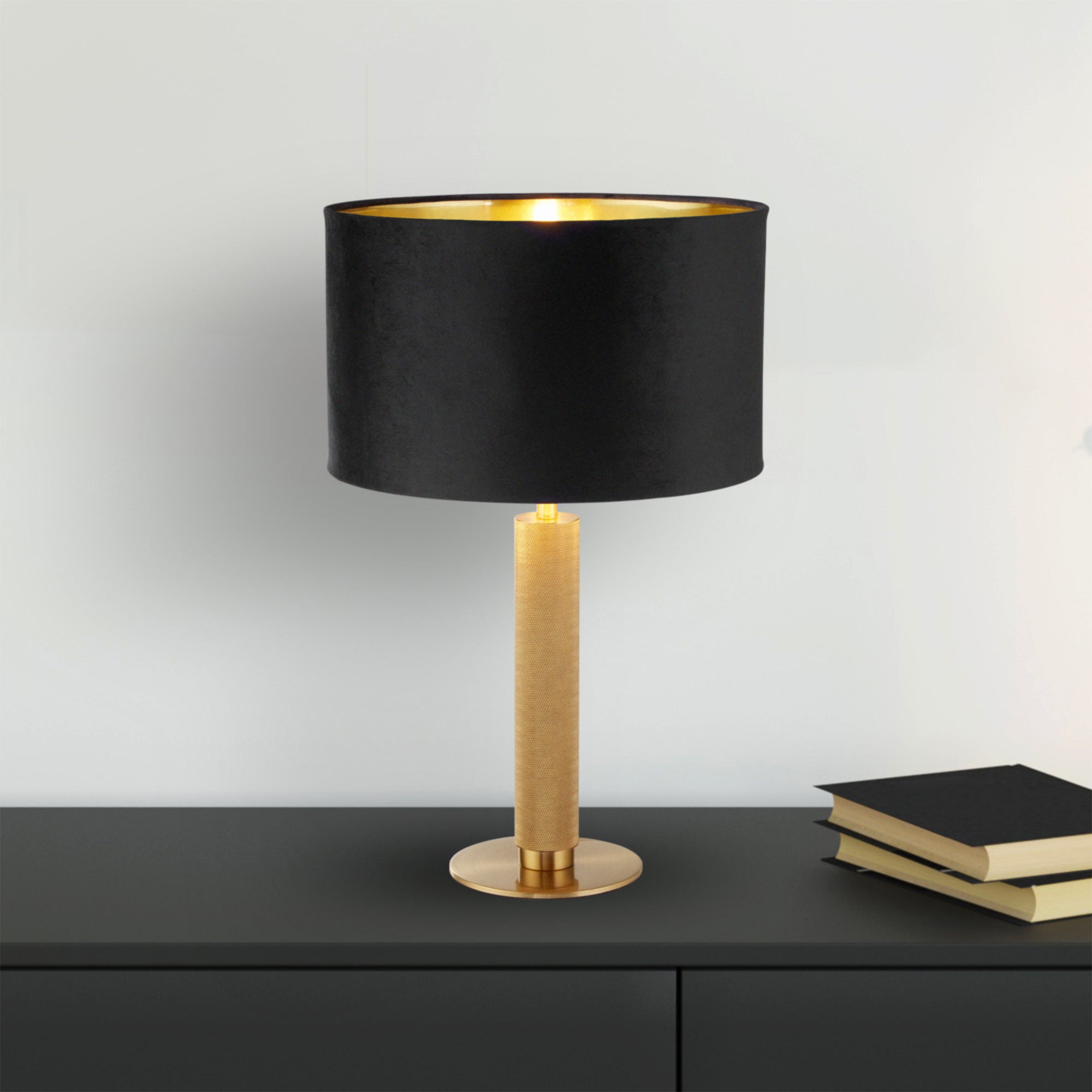Searchlight Latimer Table Lamp - Knurled Brass & Black Velvet Shade