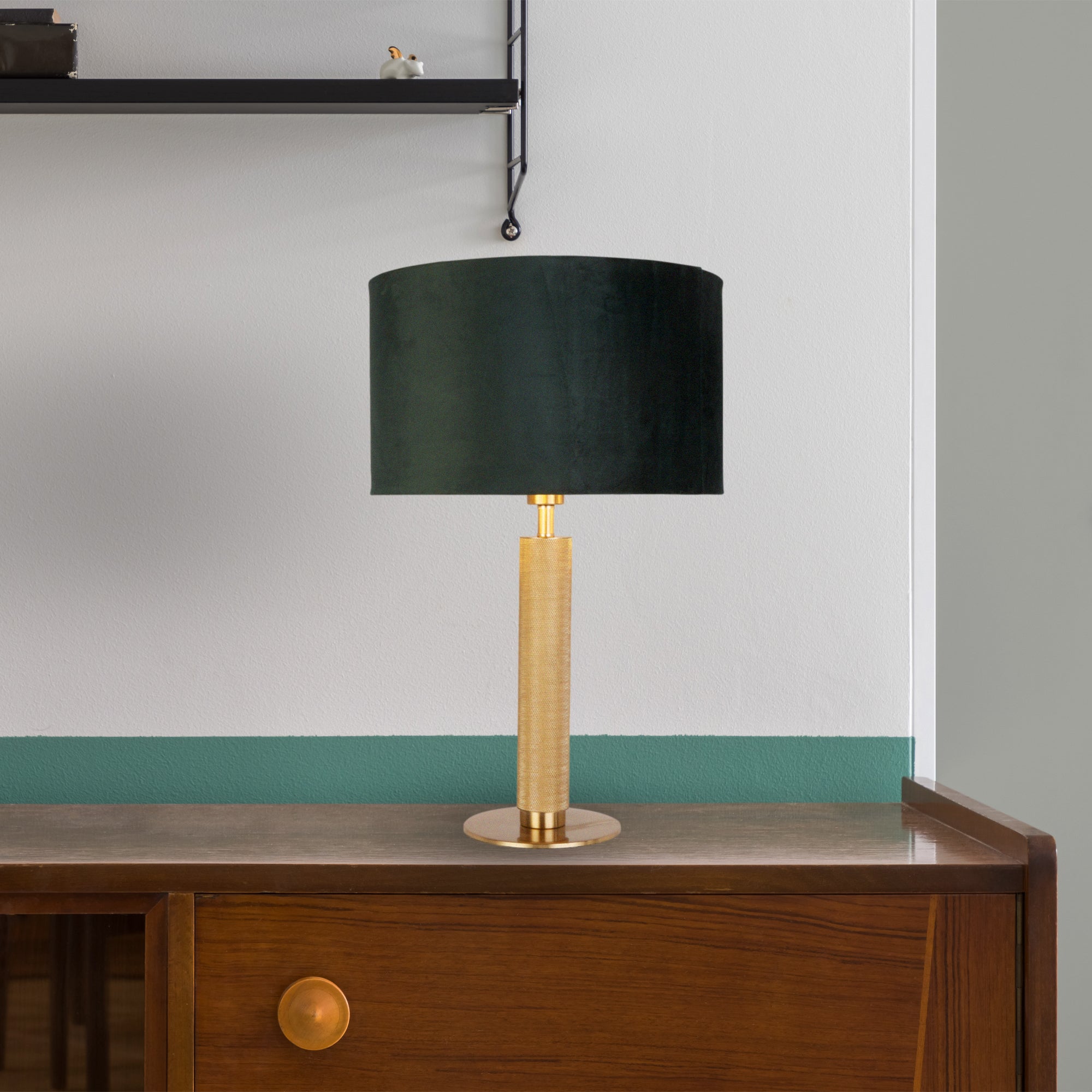 Searchlight Latimer Table Lamp - Knurled Brass & Green Velvet Shade