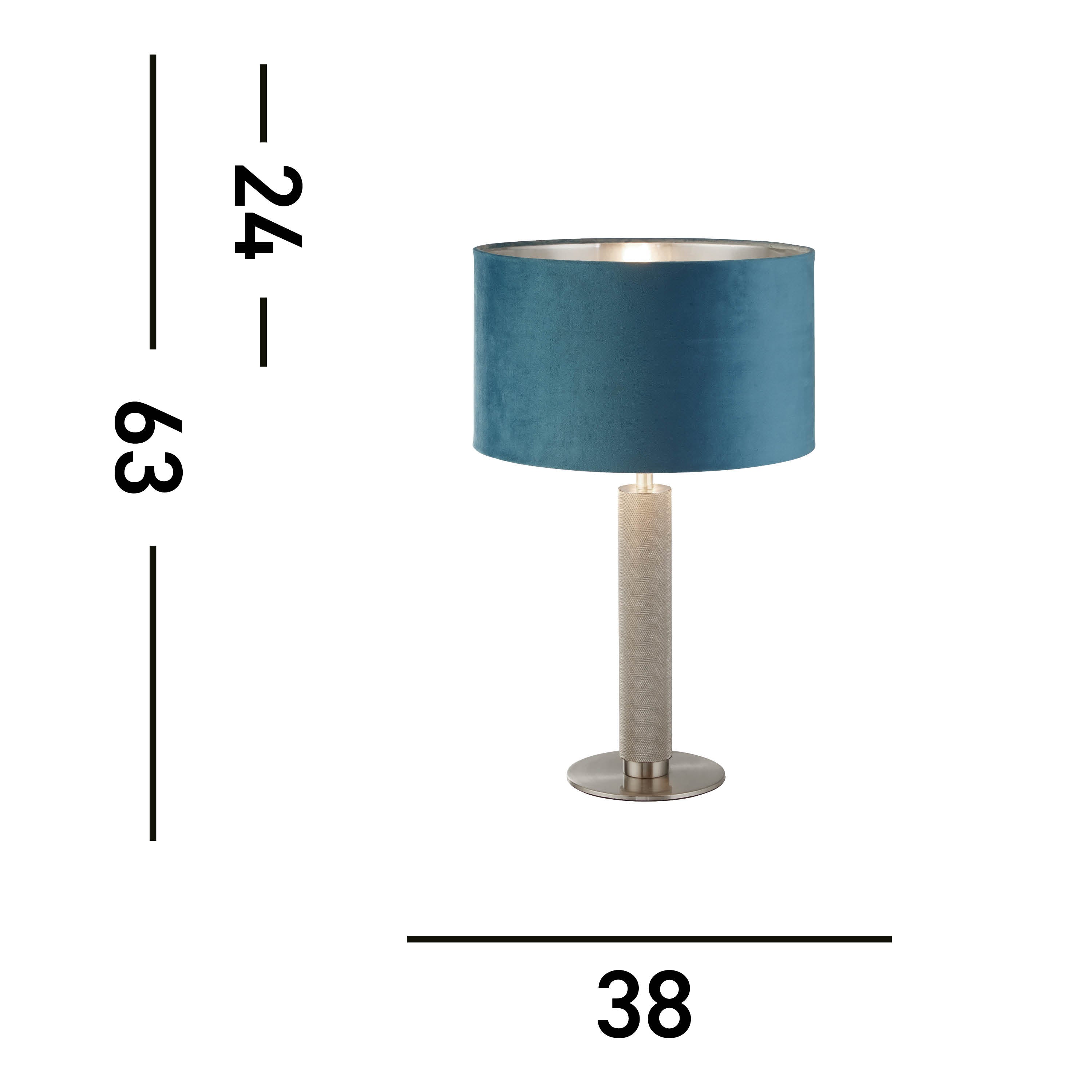 Searchlight Latimer Table Lamp - Knurled Satin Silver & Teal Velvet Shade