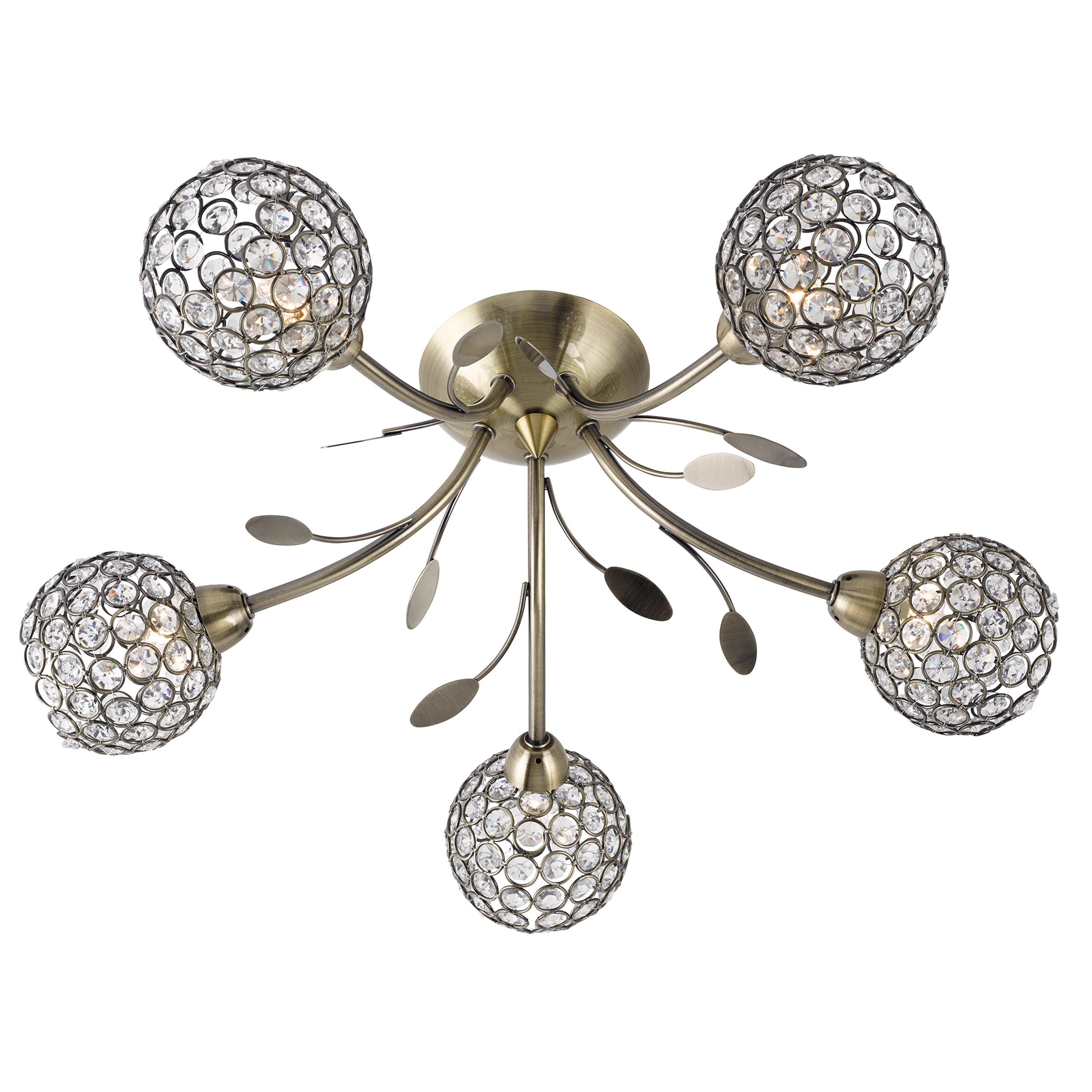 Searchlight Bay II 5 Light Ceiling Semi-Flush - Antique Brass & Clear Glass Deco Shade