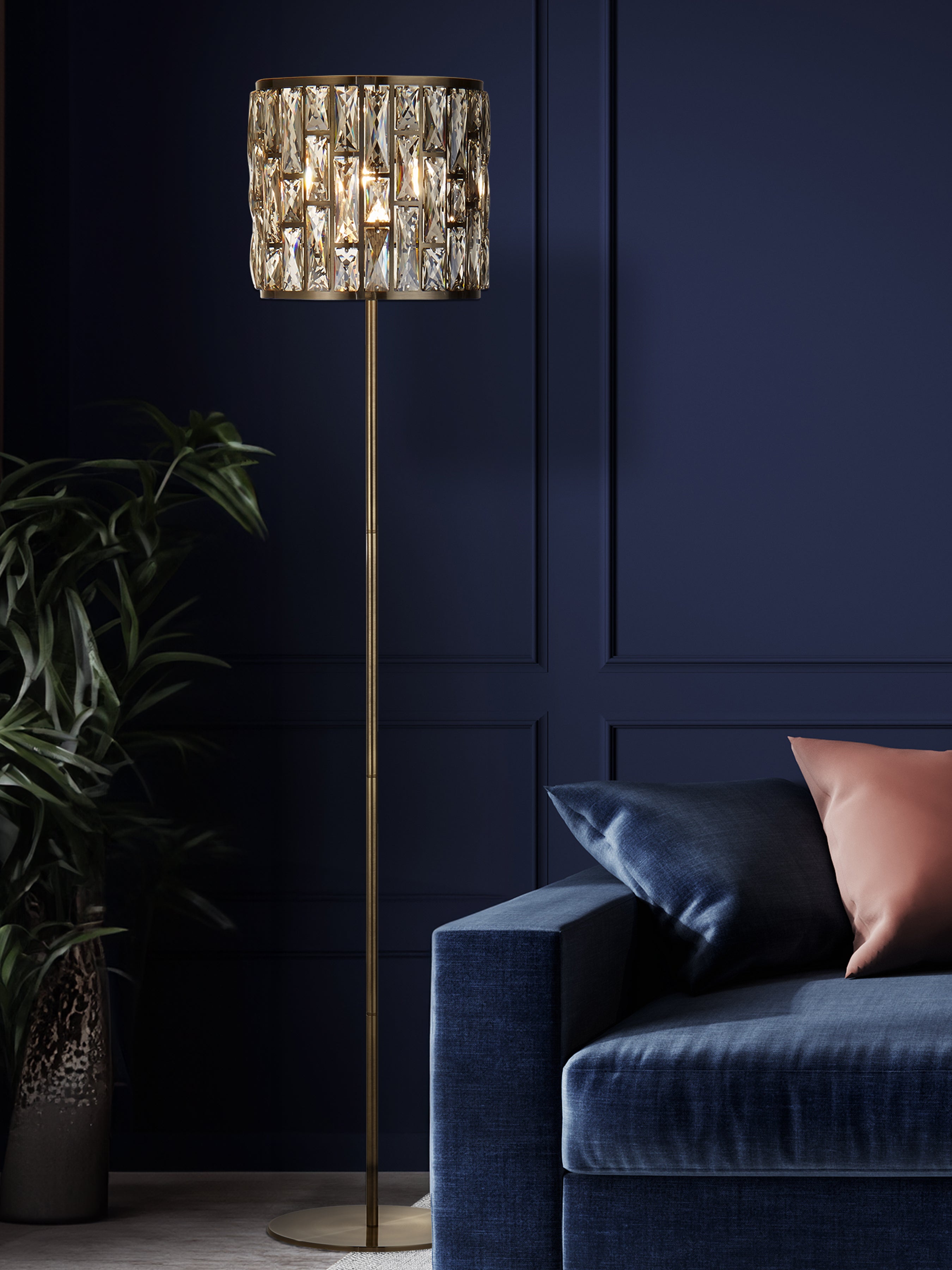 Searchlight Becket Floor Lamp - Antique Brass & Champagne Glass