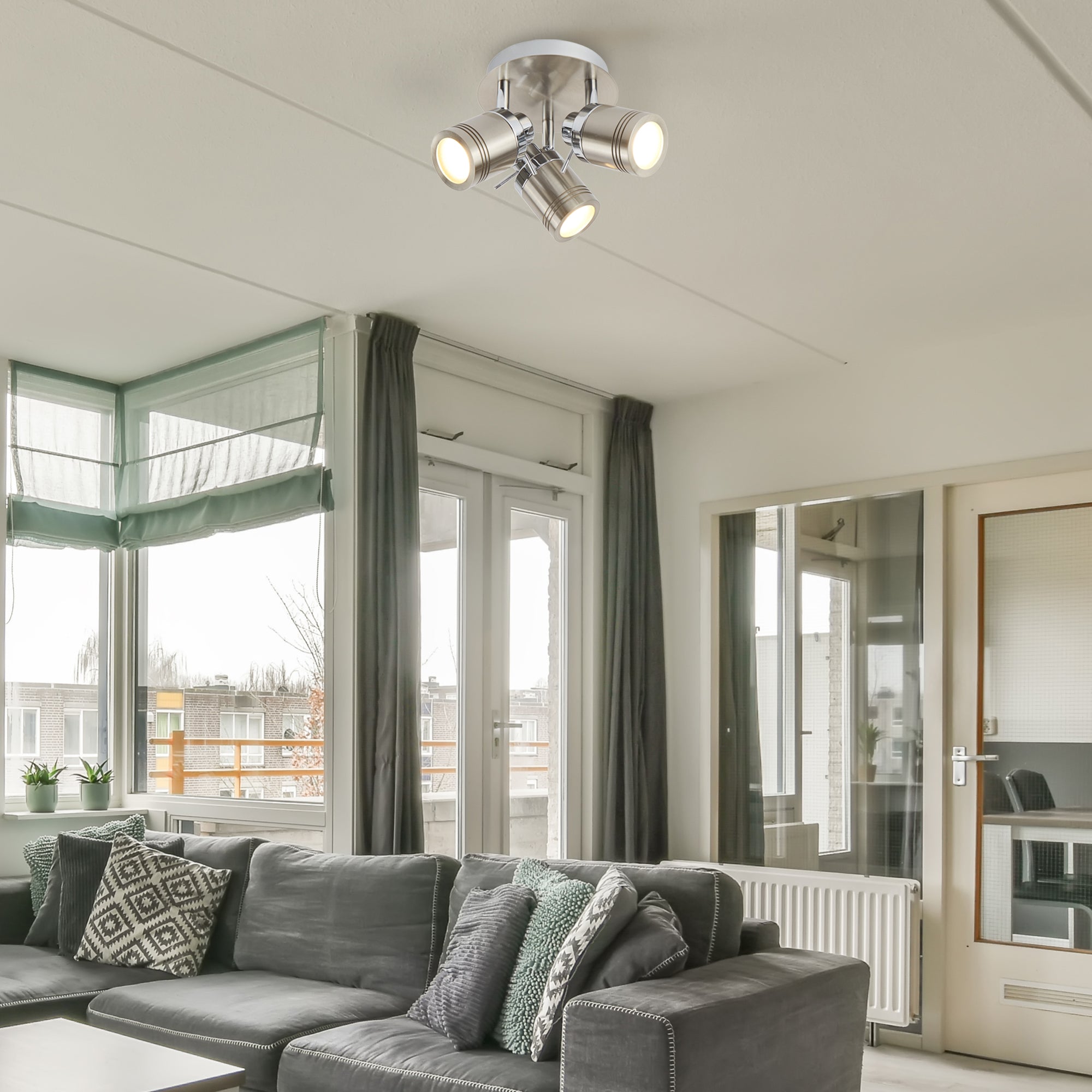 Searchlight Saker 3 Light IP44 Bathroom Spot Plate, Satin Silver