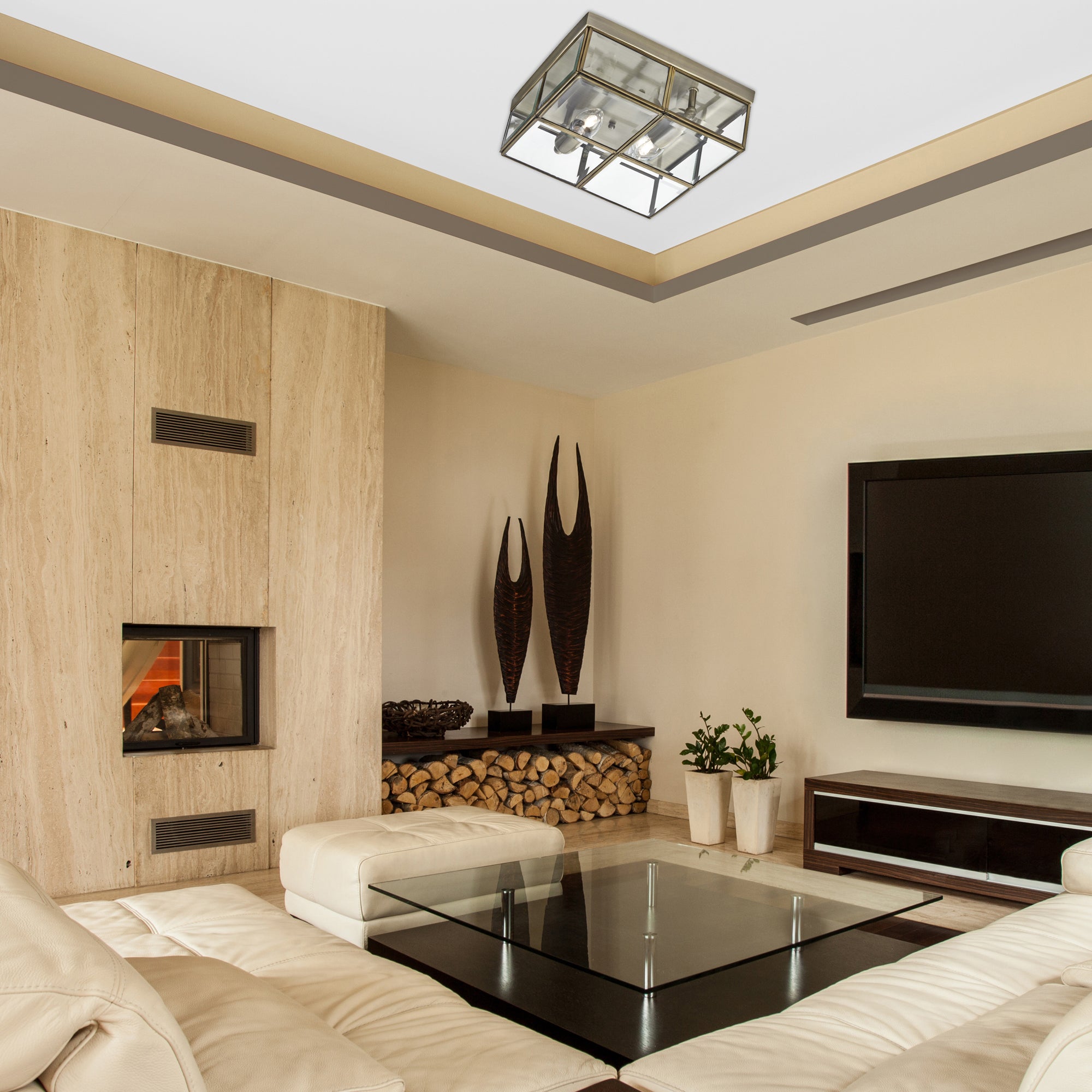 Searchlight Angela Antique Brass 2 Light Flush Fitting With Clear Bevelled Glass Shade