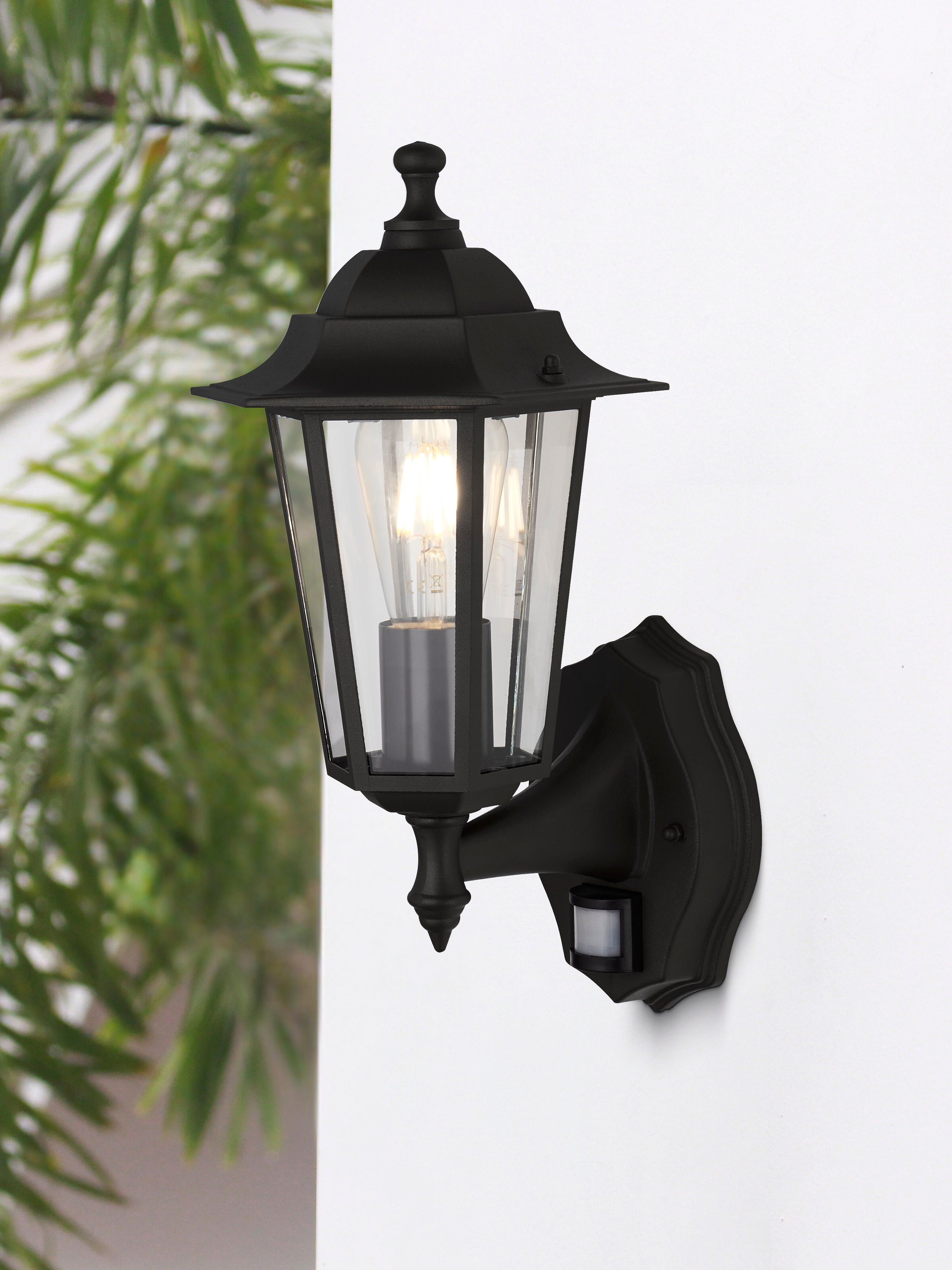 Searchlight Acton Outdoor Wall Light with PIR - Black & Glass