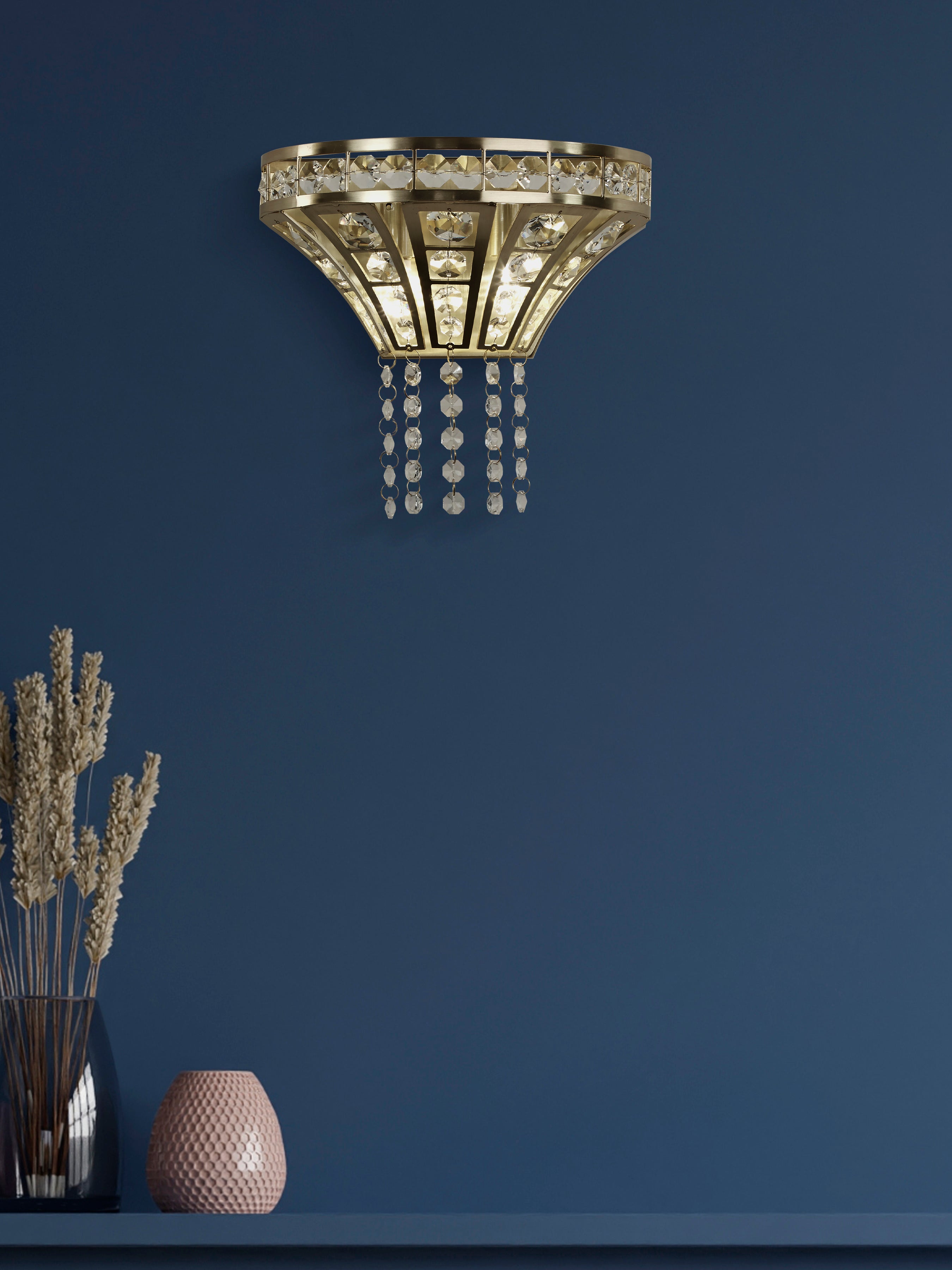 Searchlight Gardeners 2 Light Wall Light - Satin Brass & Clear Crystal