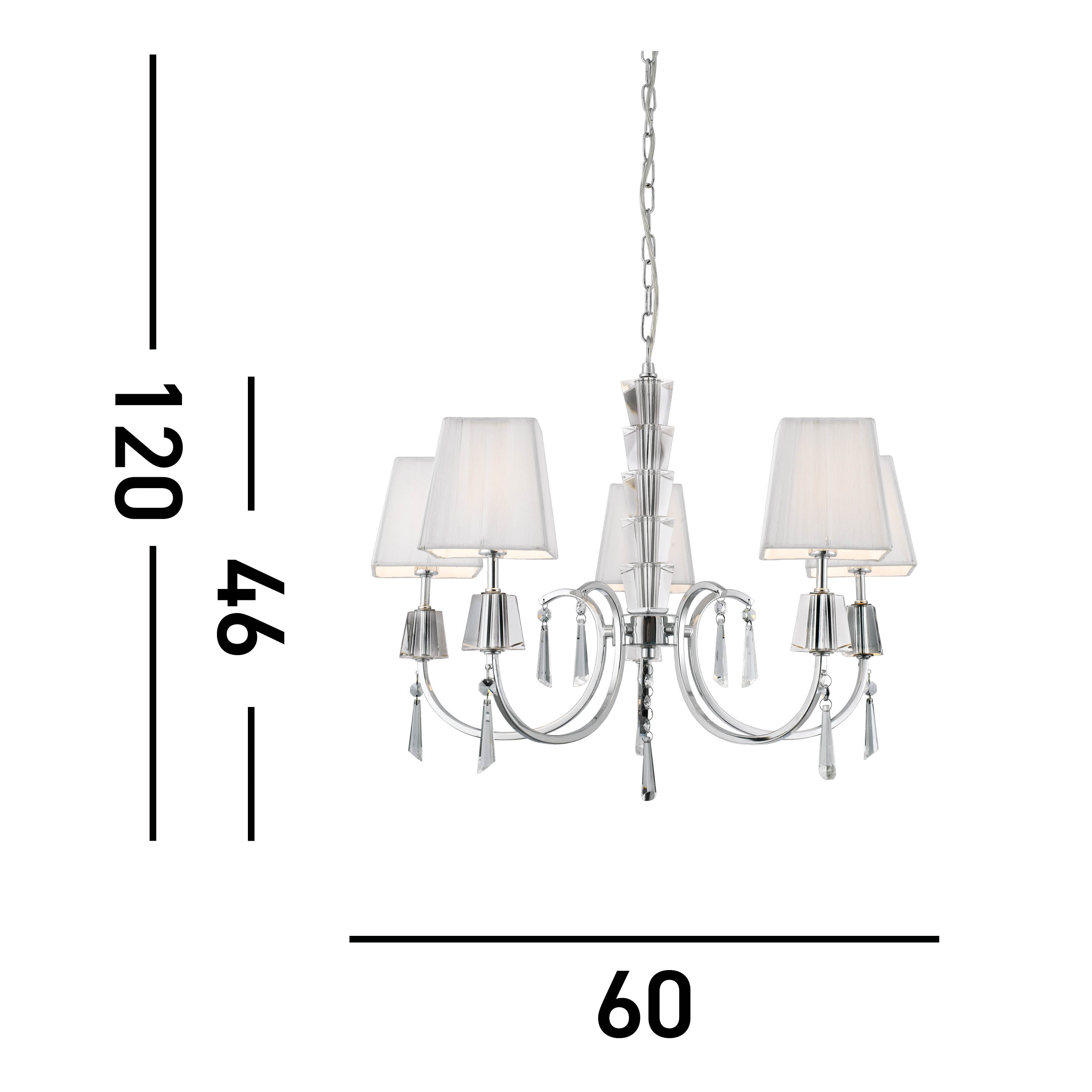 Searchlight Pilgrim Chrome 5 Light Pendant With Crystal Drops & Square White String Shades