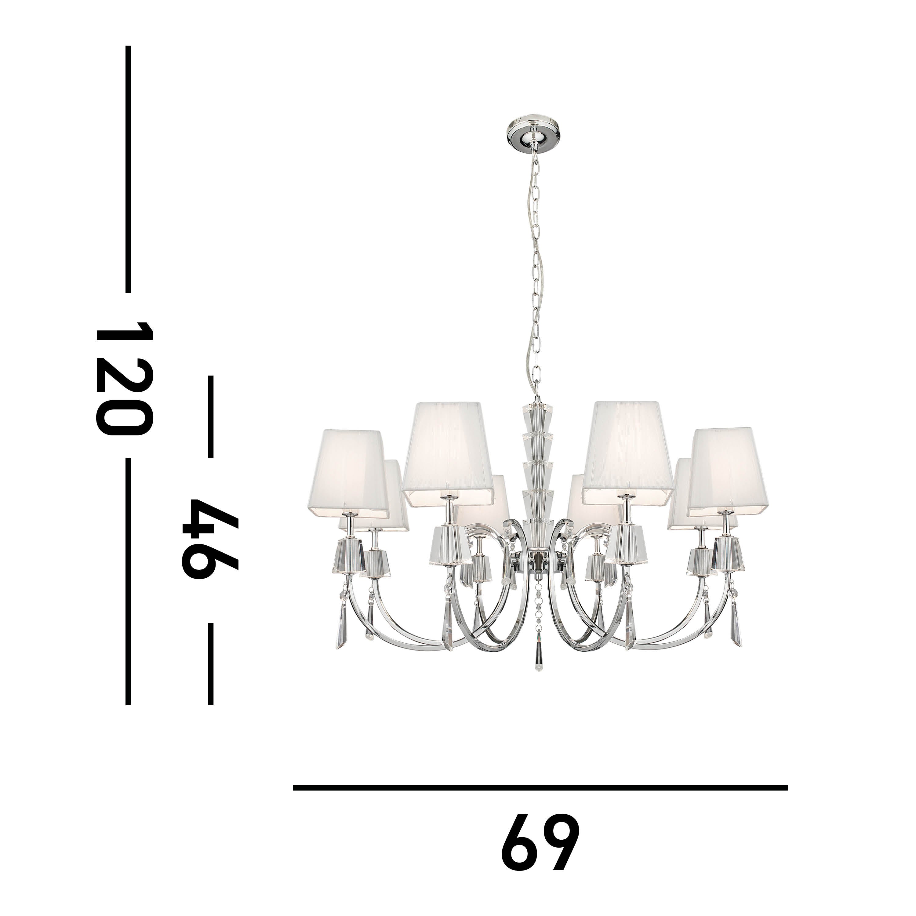 Searchlight Pilgrim Chrome 8 Light Pendant With Crystal Drops & Square White String Shades