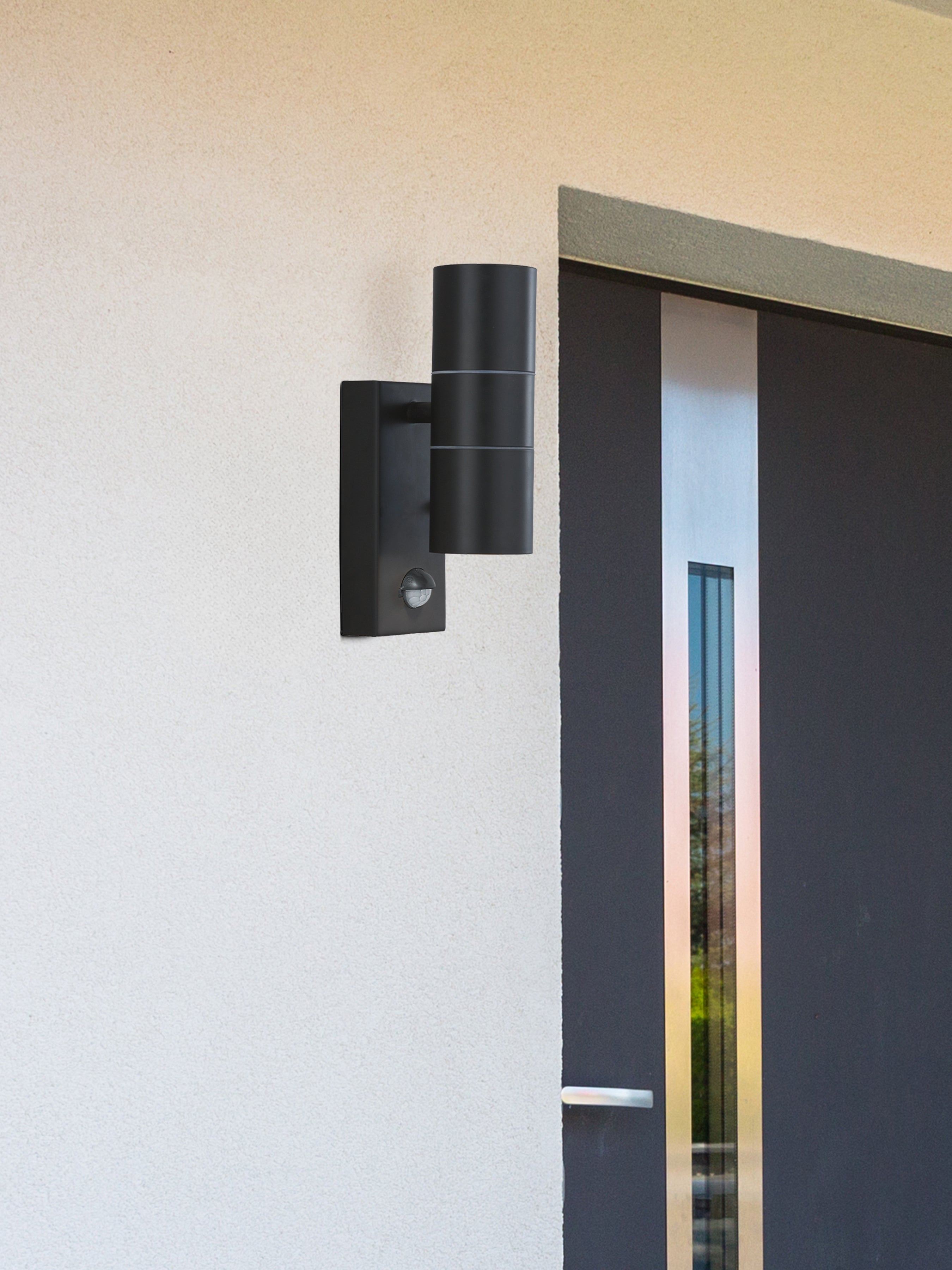 Searchlight Mela 2 Light Outdoor Wall Light with Motion Sensor- Silk Black & Glass