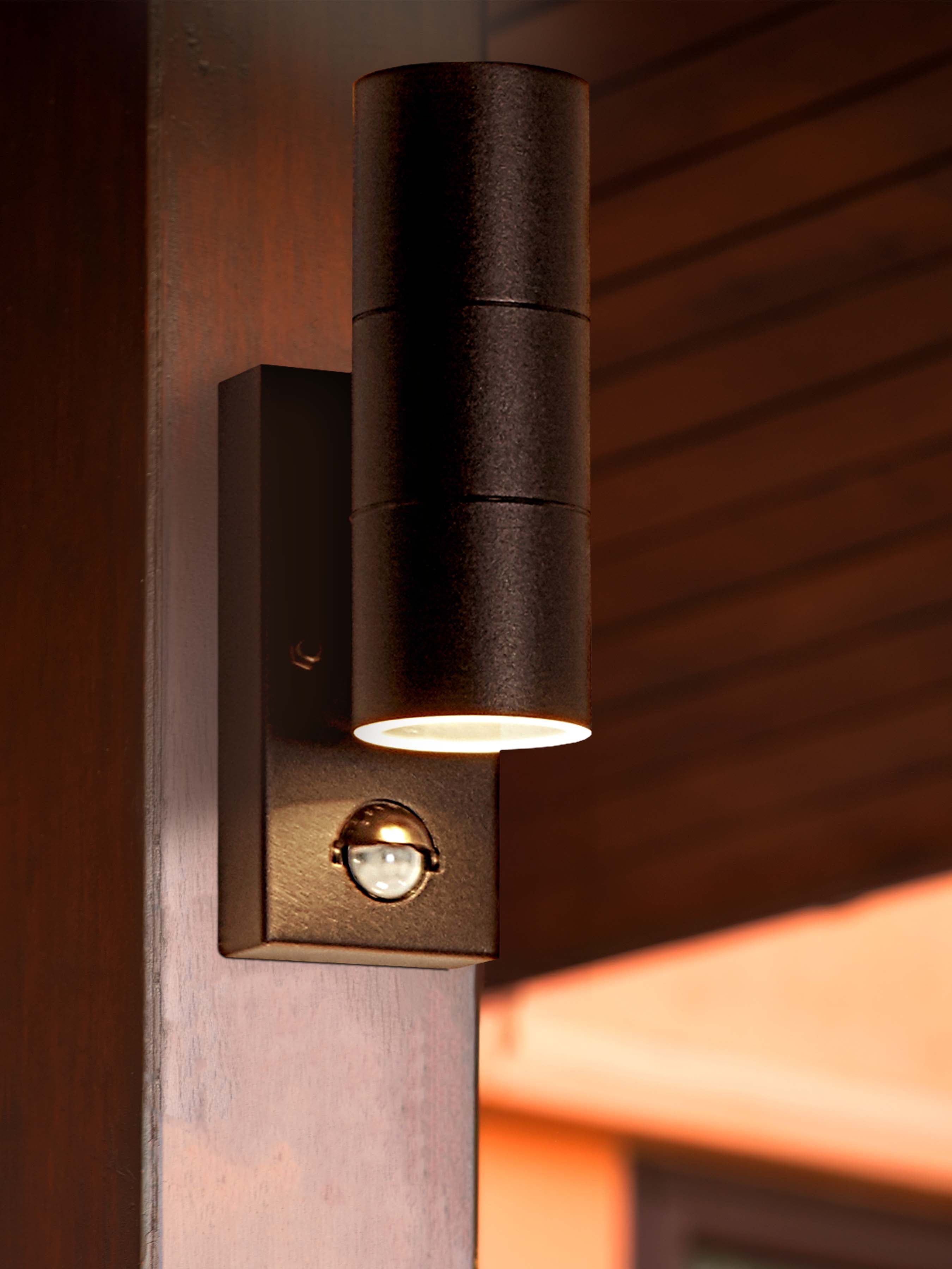 Searchlight Mela Outdoor PIR Wall Light - Rustic Brown & Glass